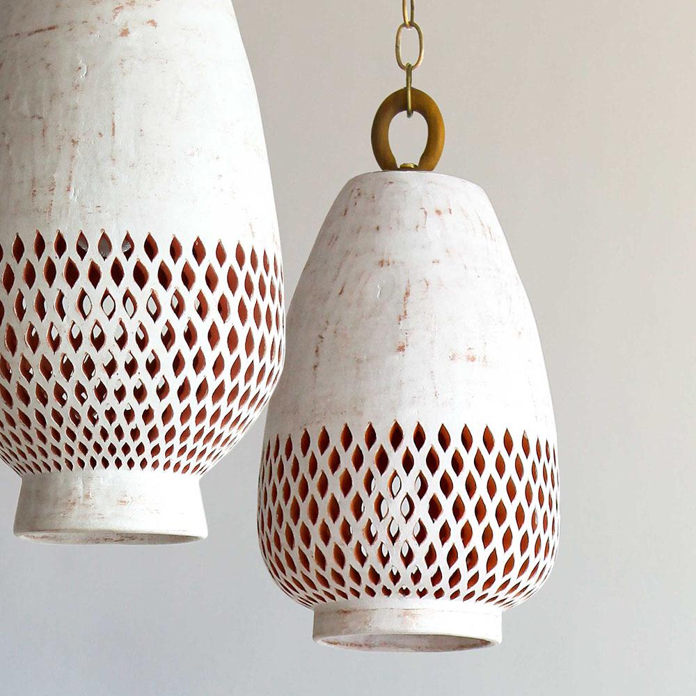 Hand-Crafted Small White Ceramic Pendant Light, Aged Brass, Diamantes Atzompa Collection For Sale