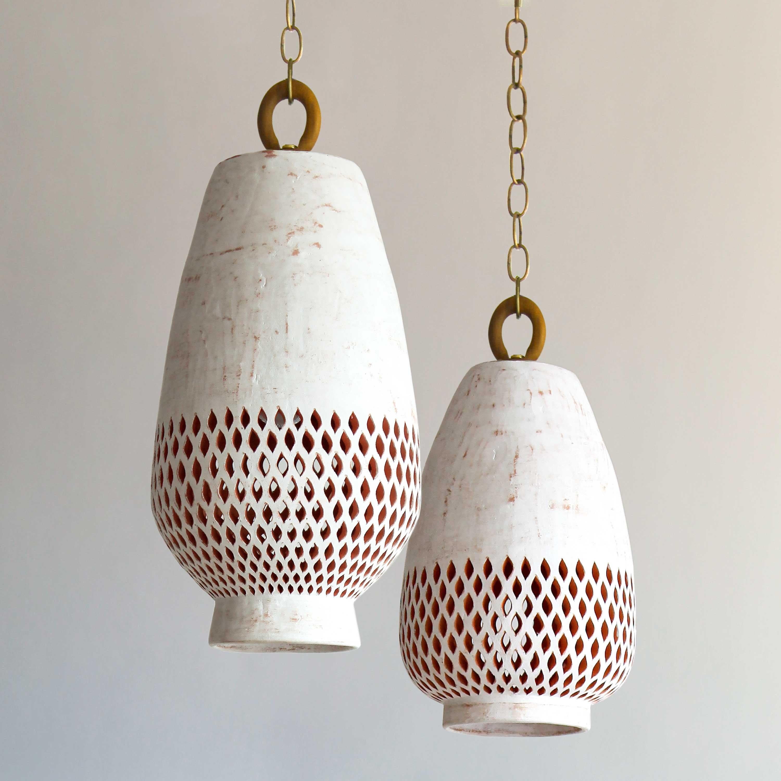 Mexican Small White Ceramic Pendant Light, Natural Brass, Diamantes Atzompa Collection For Sale