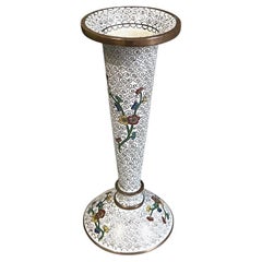 Small White Chinoiserie Flower Vase with Floral Motif and Brass Accents