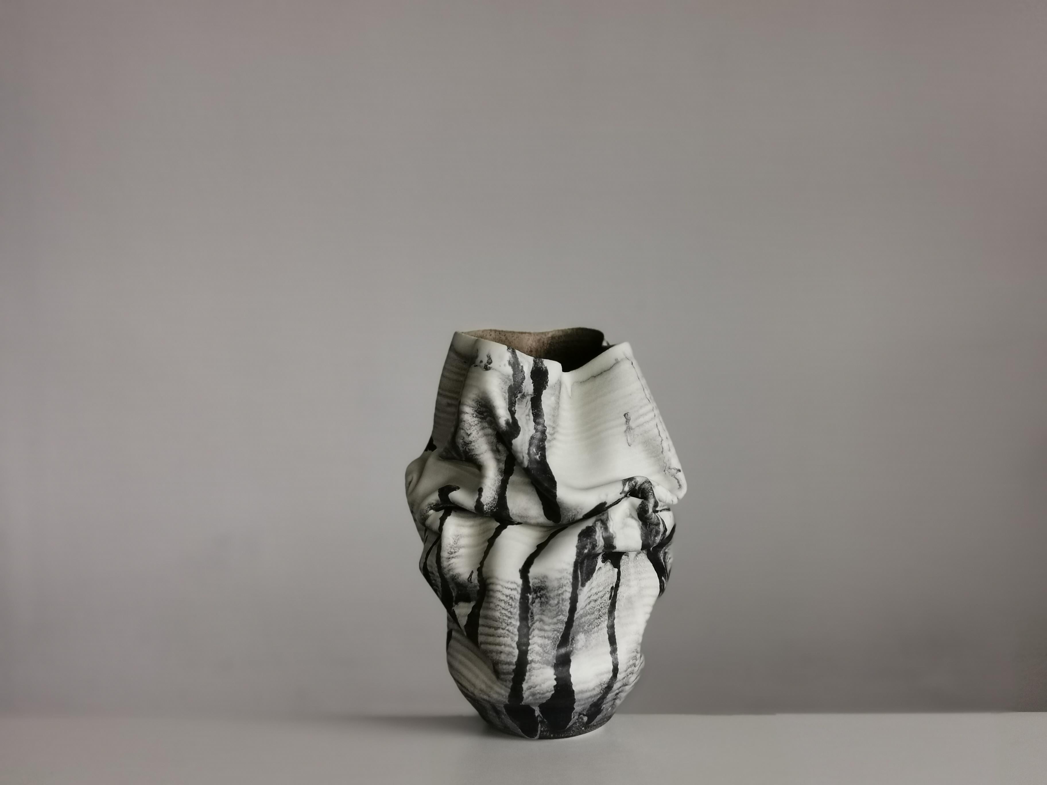 Other White Dehydrated Form Black Marking, Unique Ceramic Sculpture Vessel N.75