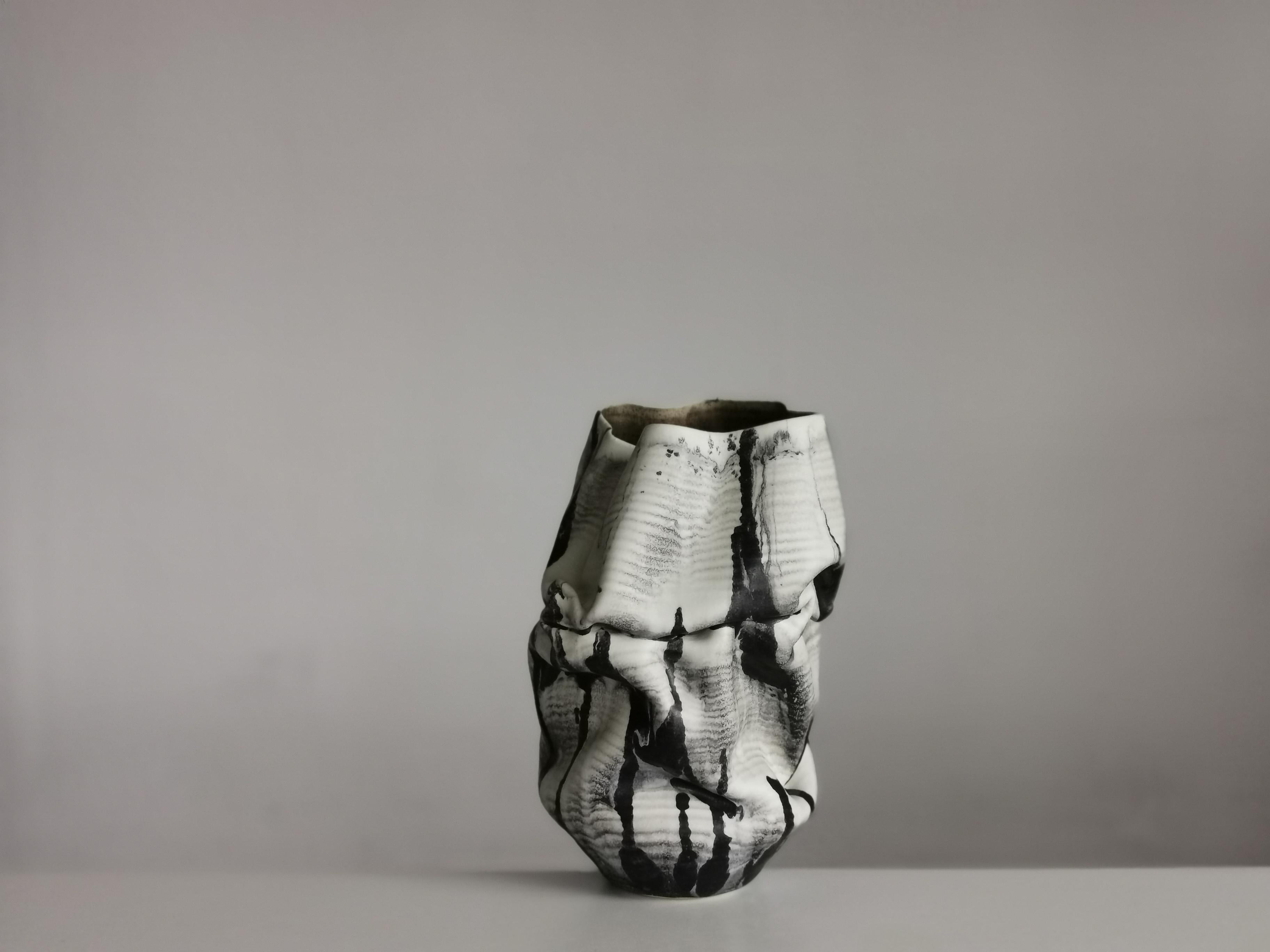 Contemporary White Dehydrated Form Black Marking, Unique Ceramic Sculpture Vessel N.75