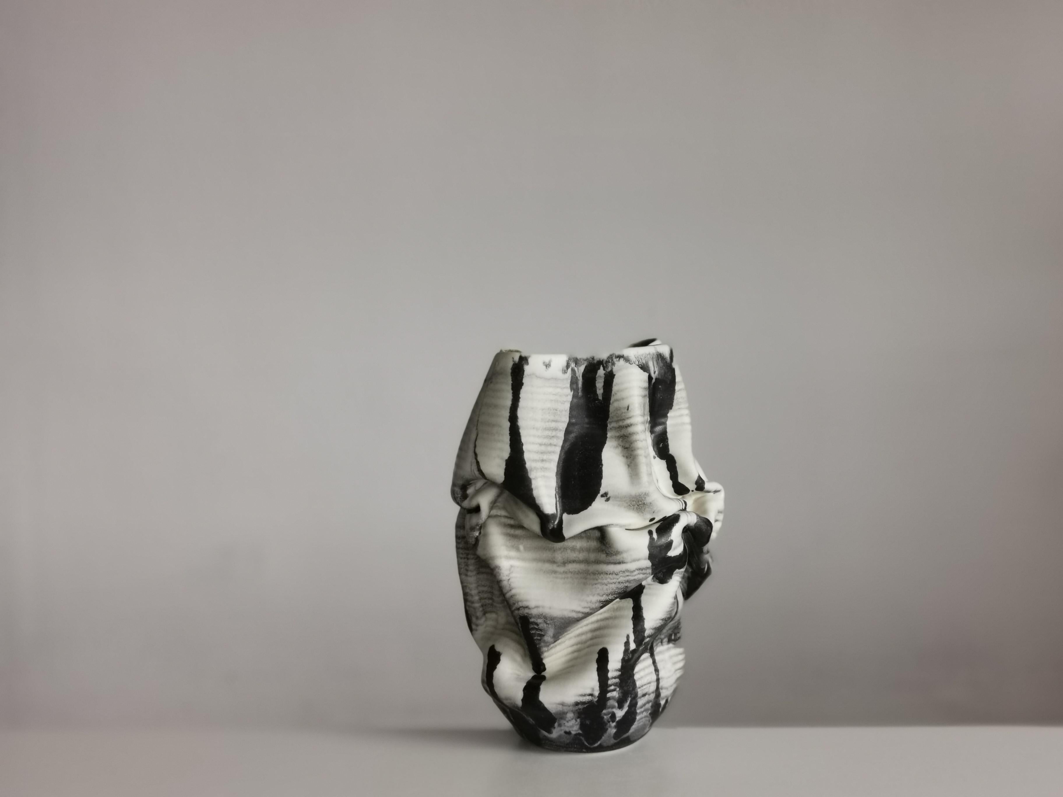 White Dehydrated Form Black Marking, Unique Ceramic Sculpture Vessel N.75 1