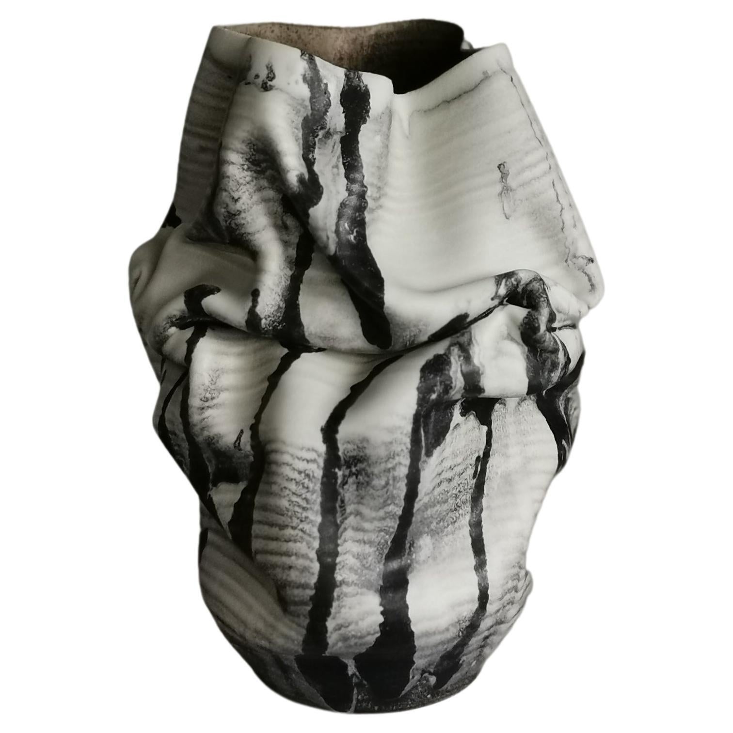 White Dehydrated Form Black Marking, Unique Ceramic Sculpture Vessel N.75