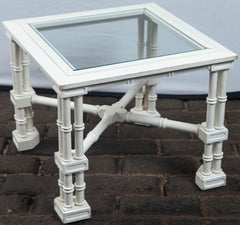 1970s Small White Faux Bamboo Fretwork Table with Glass Top