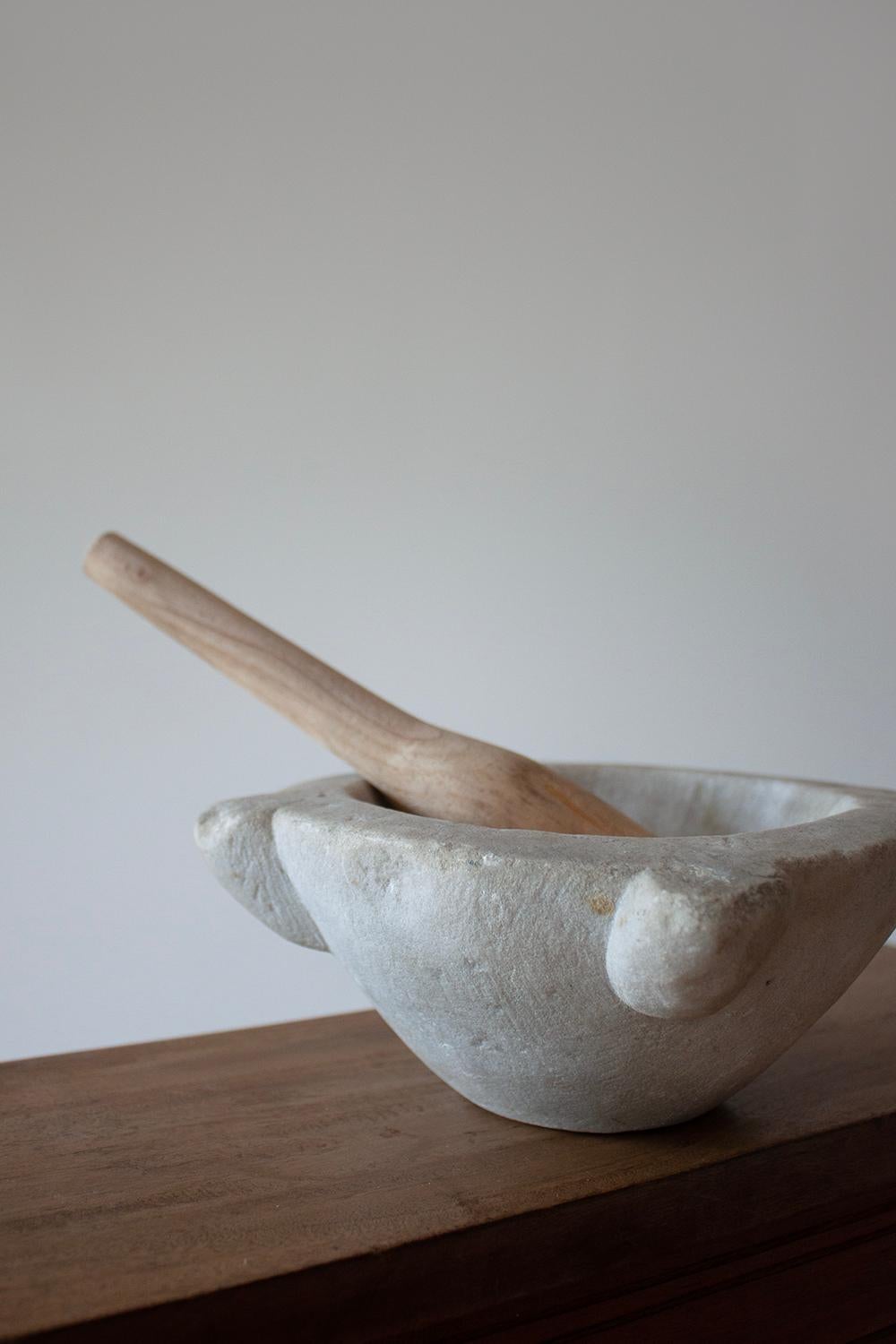 Small White French Stone Mortar with Wood Pestle 3
