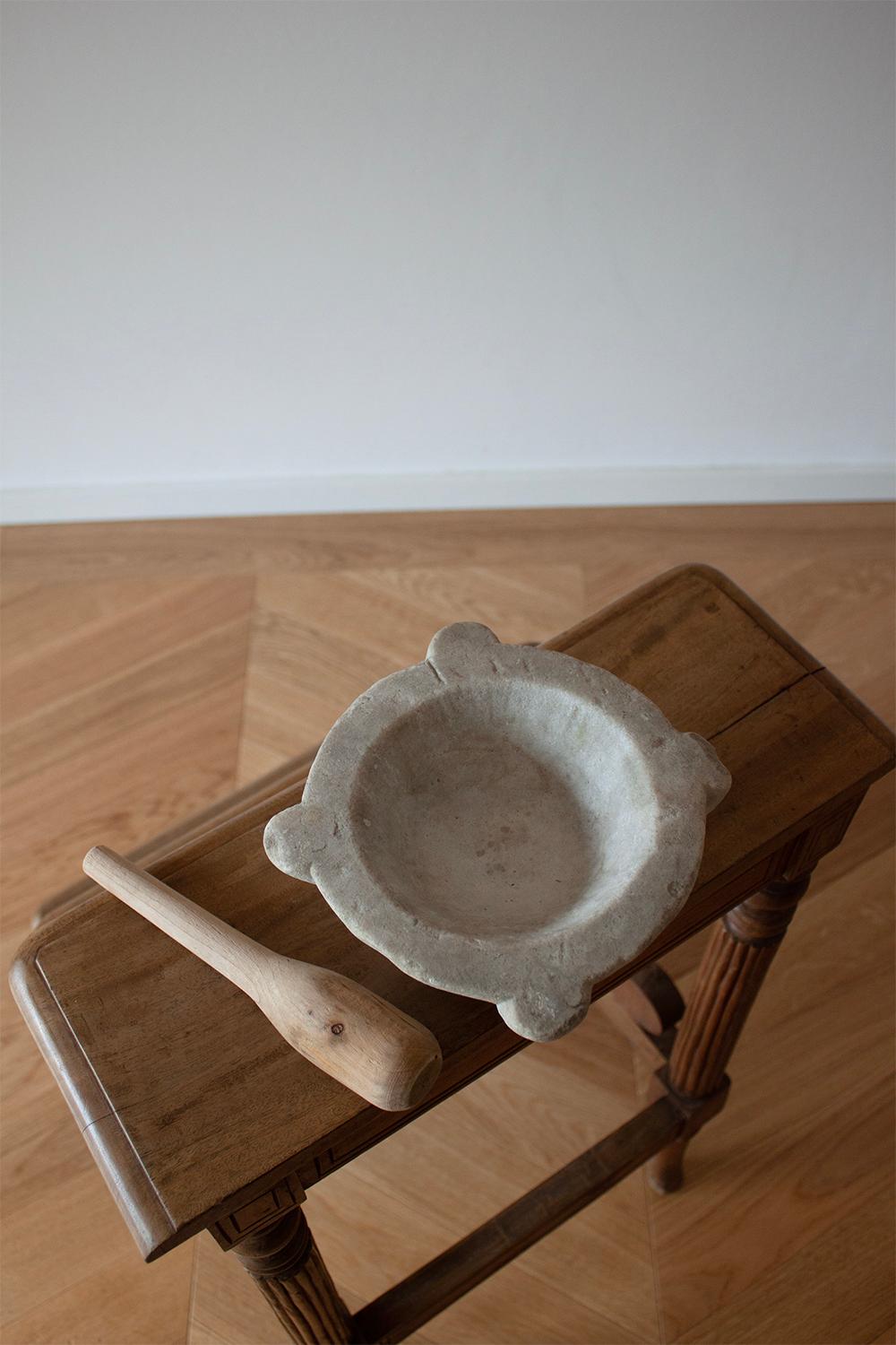 Small White French Stone Mortar with Wood Pestle 4
