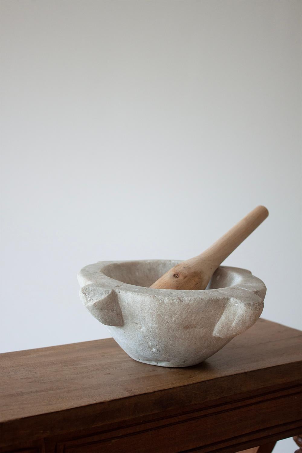 French Provincial Small White French Stone Mortar with Wood Pestle