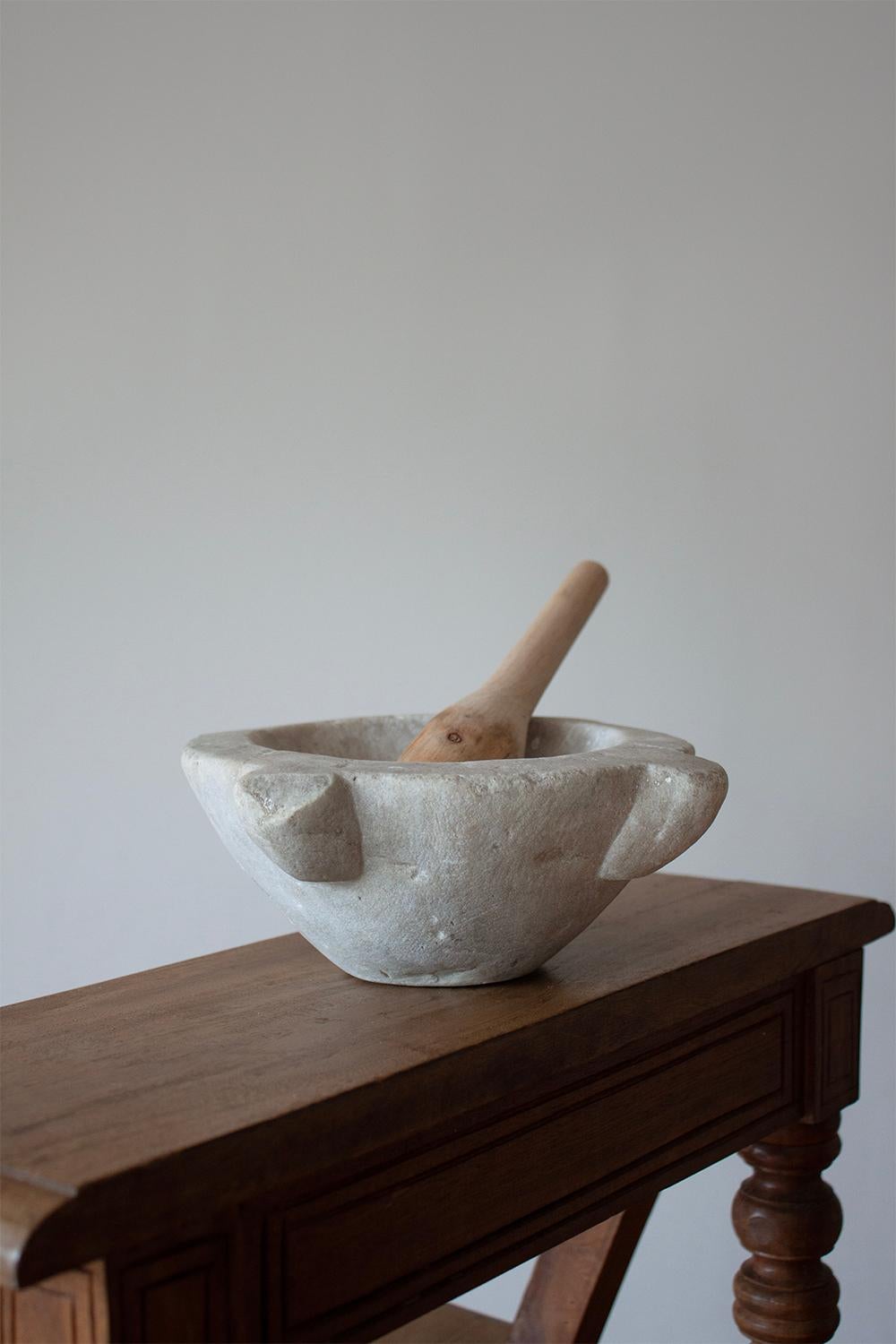 Carved Small White French Stone Mortar with Wood Pestle