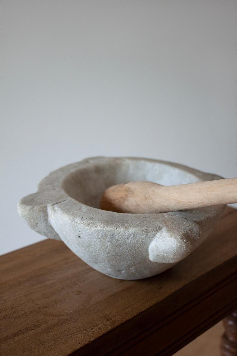 19th Century Small White French Stone Mortar with Wood Pestle