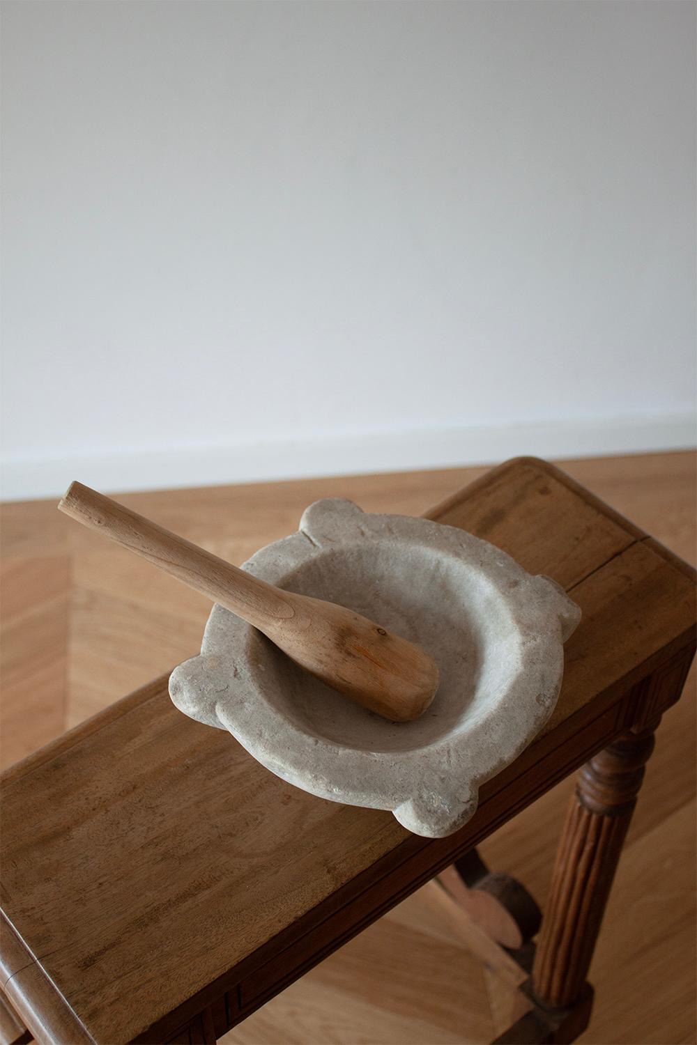 Small White French Stone Mortar with Wood Pestle 2