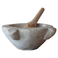 Small White French Stone Mortar with Wood Pestle