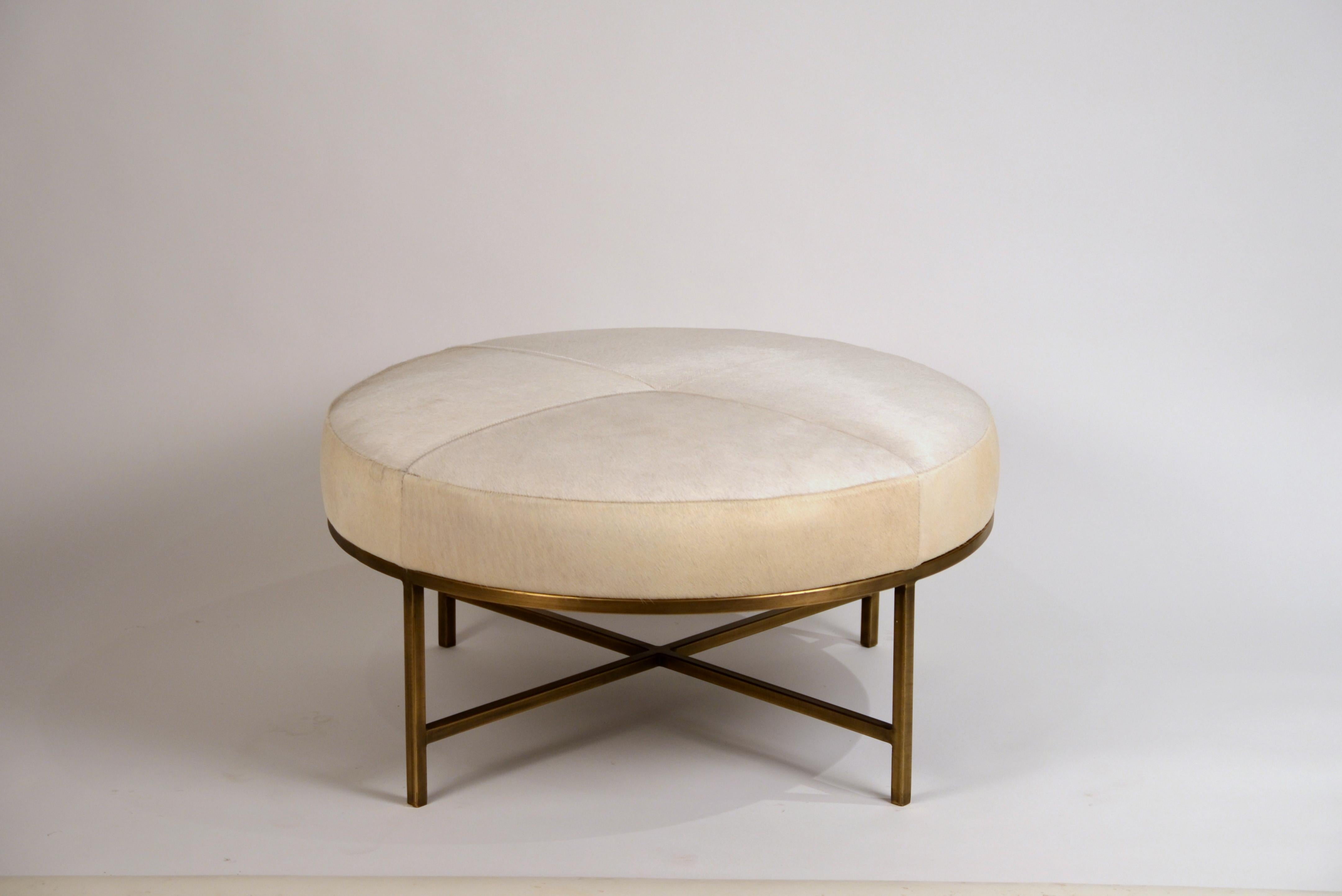Organic Modern Small White Hide and Patinated Brass 'Tambour' Ottoman by Design Frères For Sale