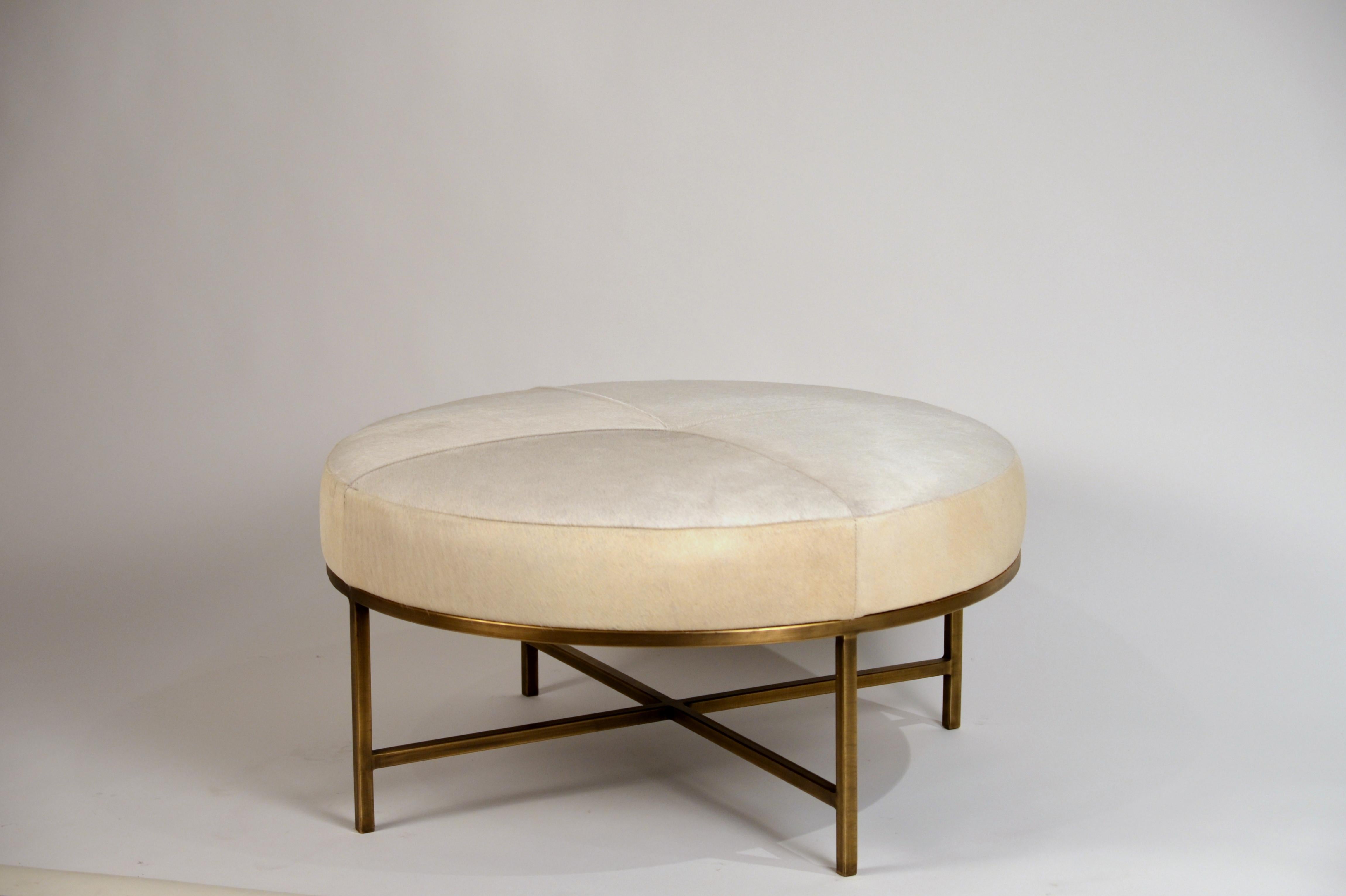 American Small White Hide and Patinated Brass 'Tambour' Ottoman by Design Frères
