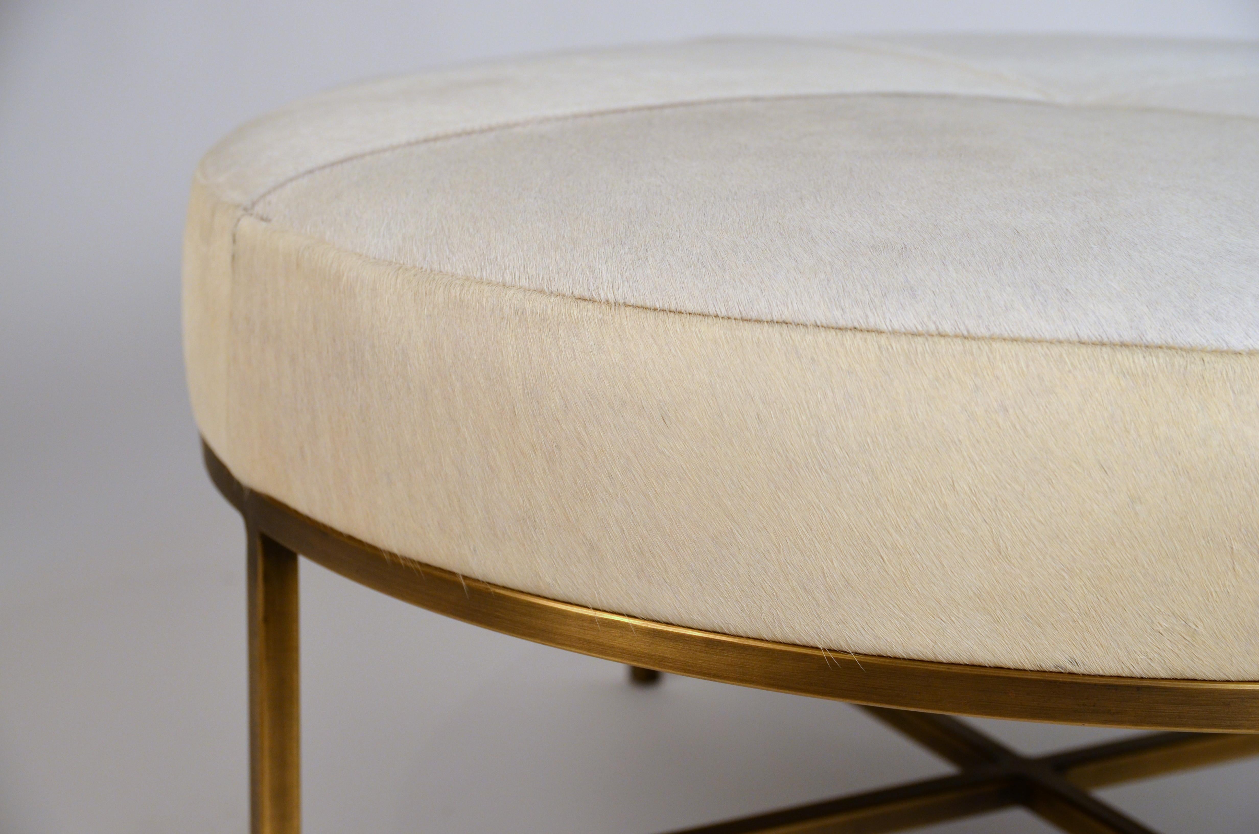 Contemporary Small White Hide and Patinated Brass 'Tambour' Ottoman by Design Frères