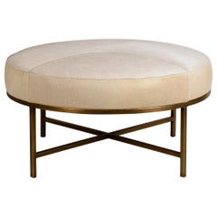 Small White Hide and Patinated Brass 'Tambour' Ottoman by Design Frères