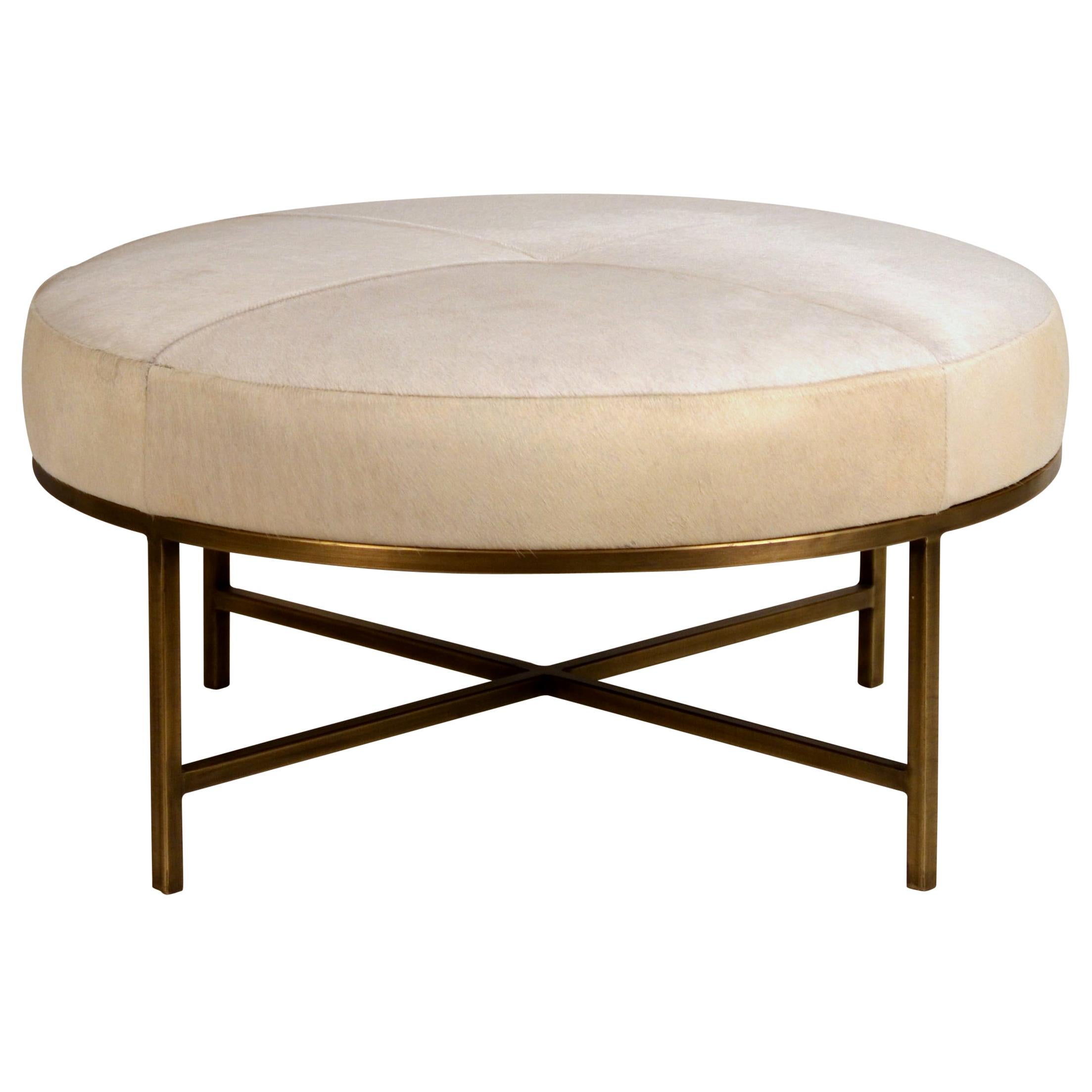 Small White Hide and Patinated Brass 'Tambour' Ottoman by Design Frères For Sale
