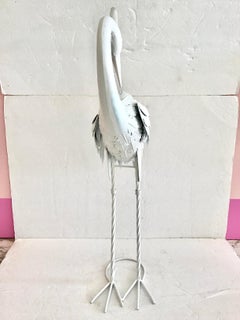 Small White Lacquered Metal Statue of a Stork Looking Back and Down