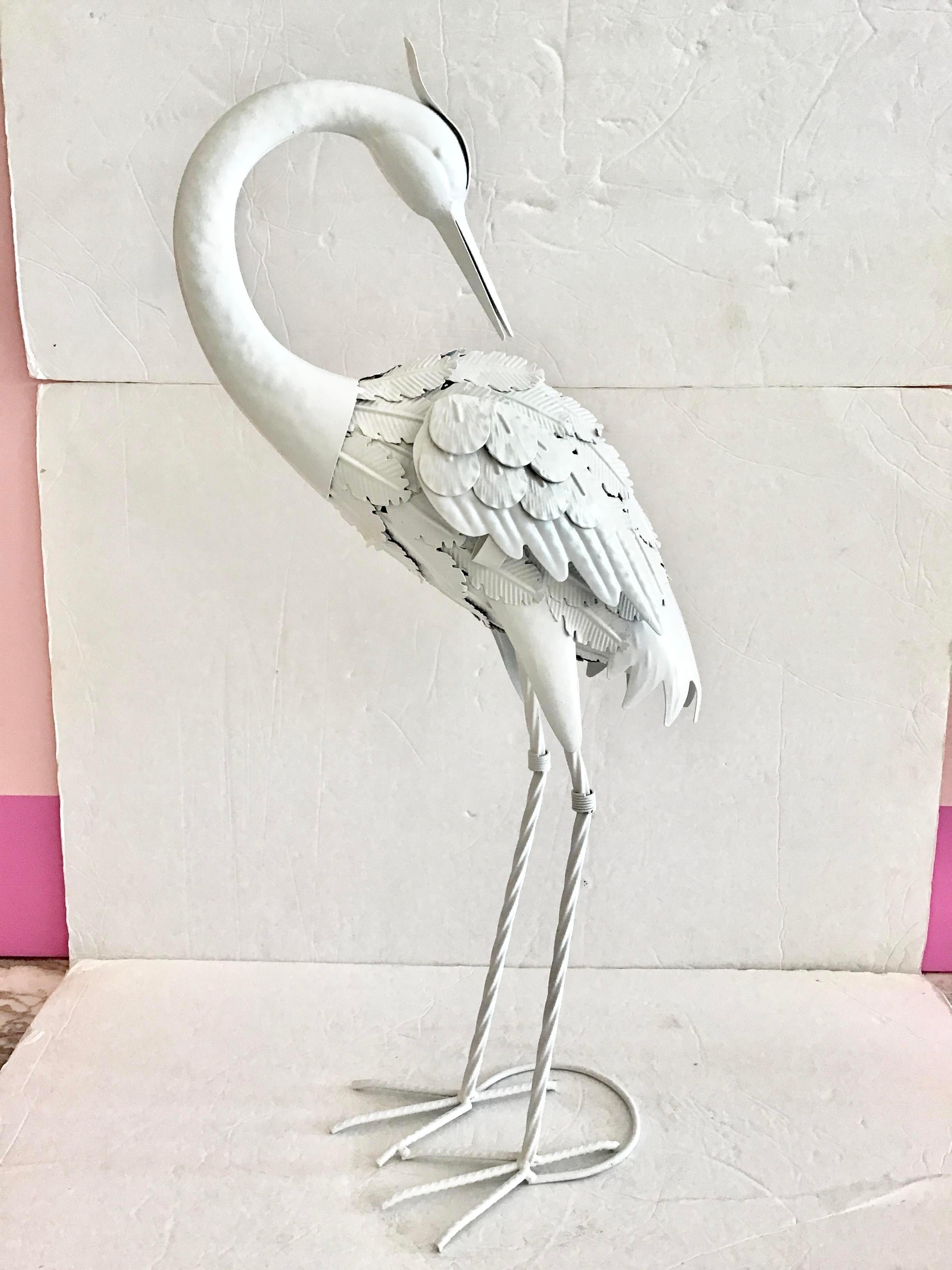 Modern Small White Lacquered Metal Statue of a Stork Looking Back and Down For Sale