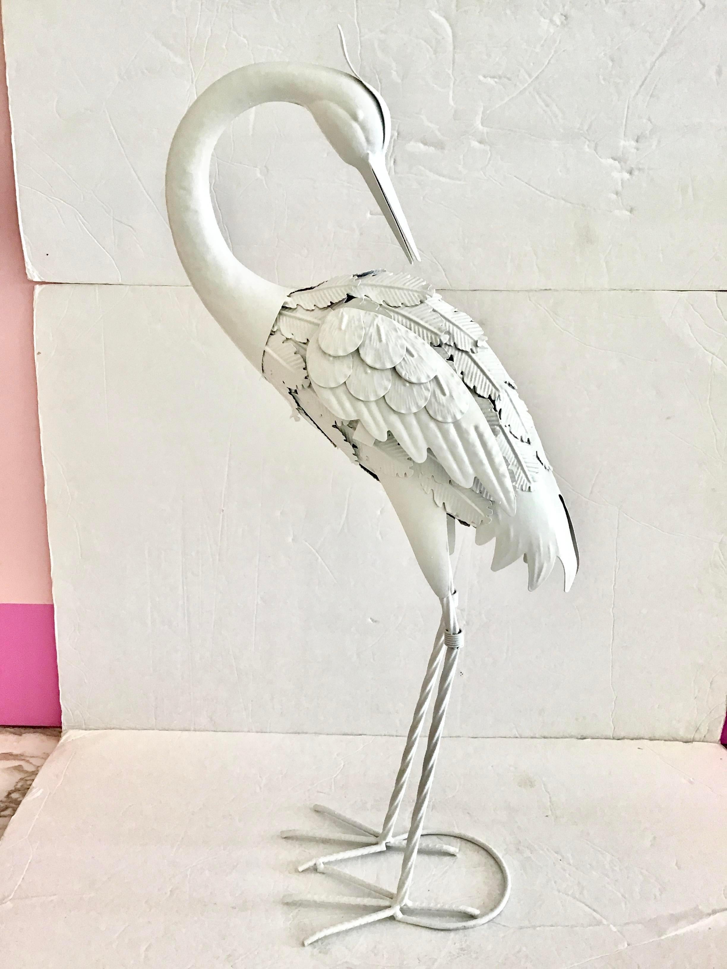 Small White Lacquered Metal Statue of a Stork Looking Back and Down In Good Condition For Sale In Los Angeles, CA