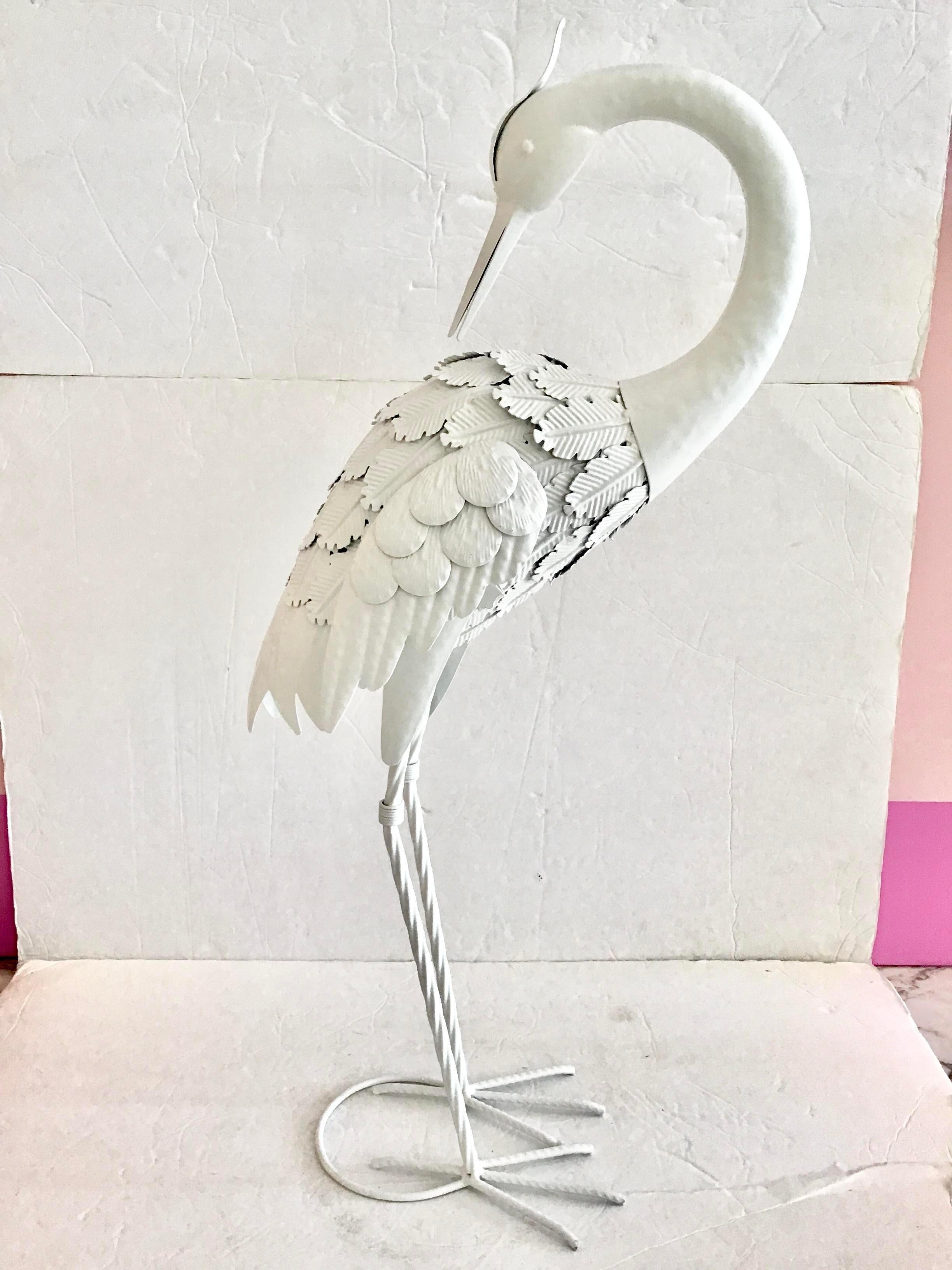 Small White Lacquered Metal Statue of a Stork Looking Back and Down For Sale 1