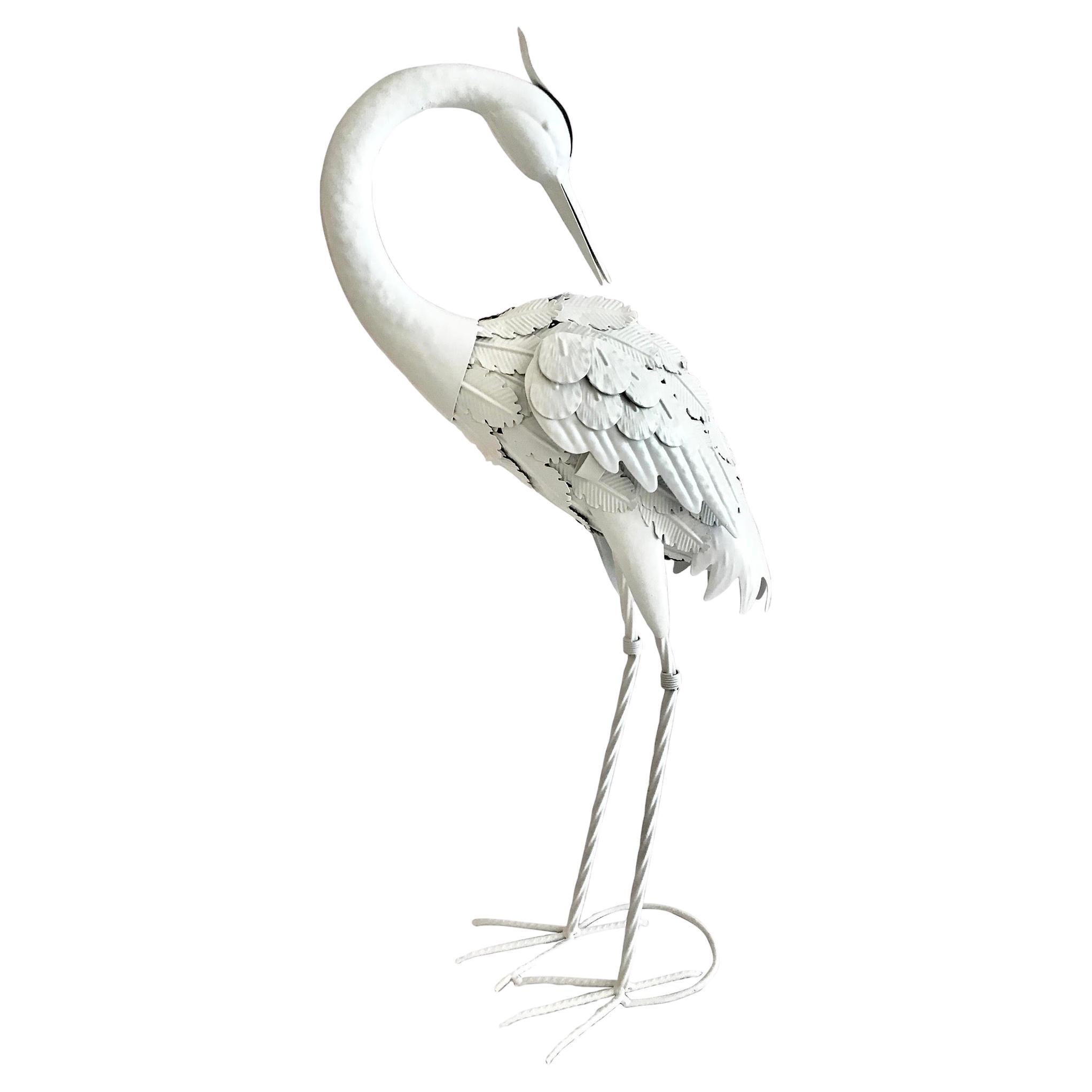 Small White Lacquered Metal Statue of a Stork Looking Back and Down