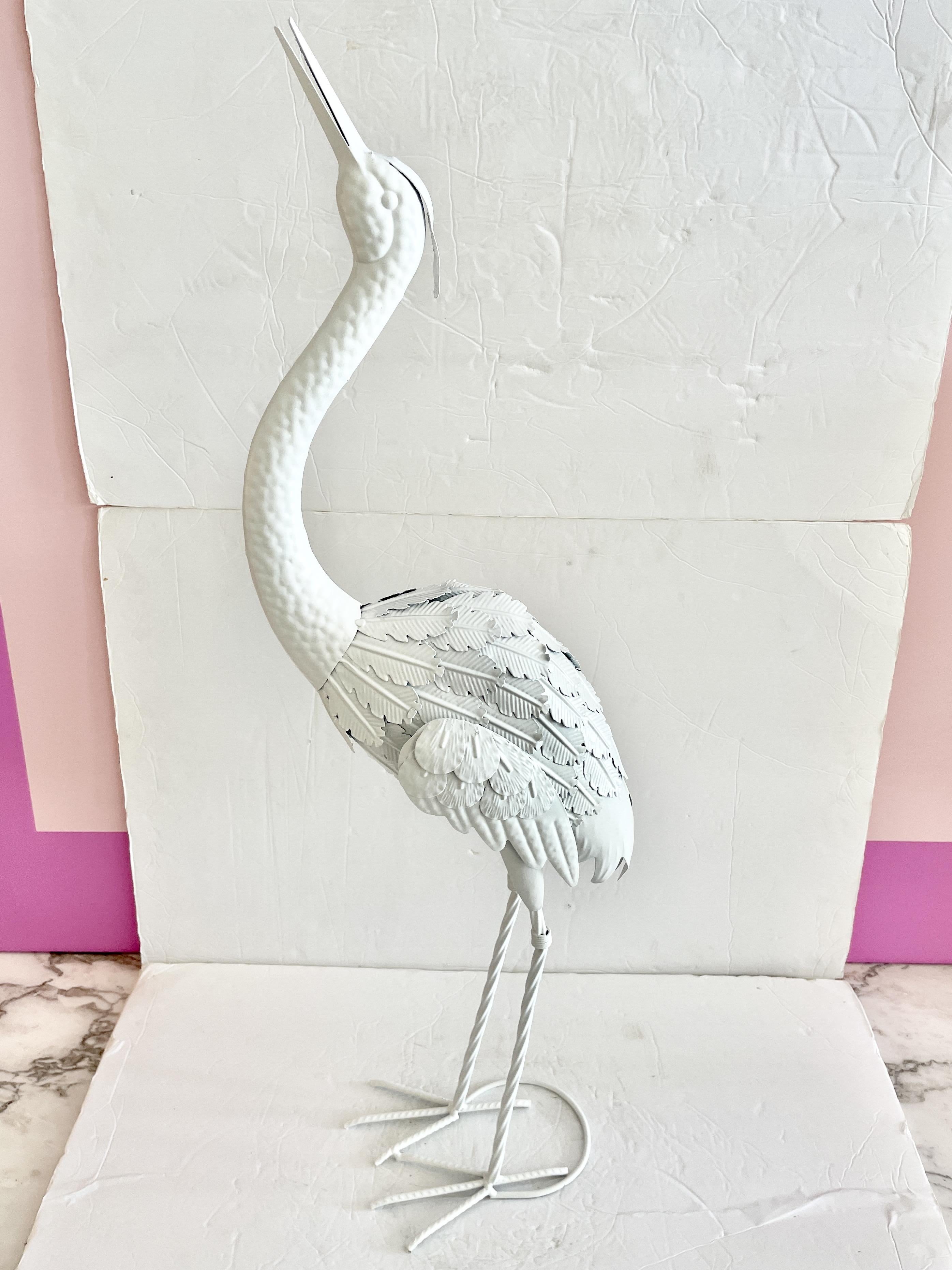 Modern Small White Lacquered Metal Statue of a Stork Looking Up and Front For Sale