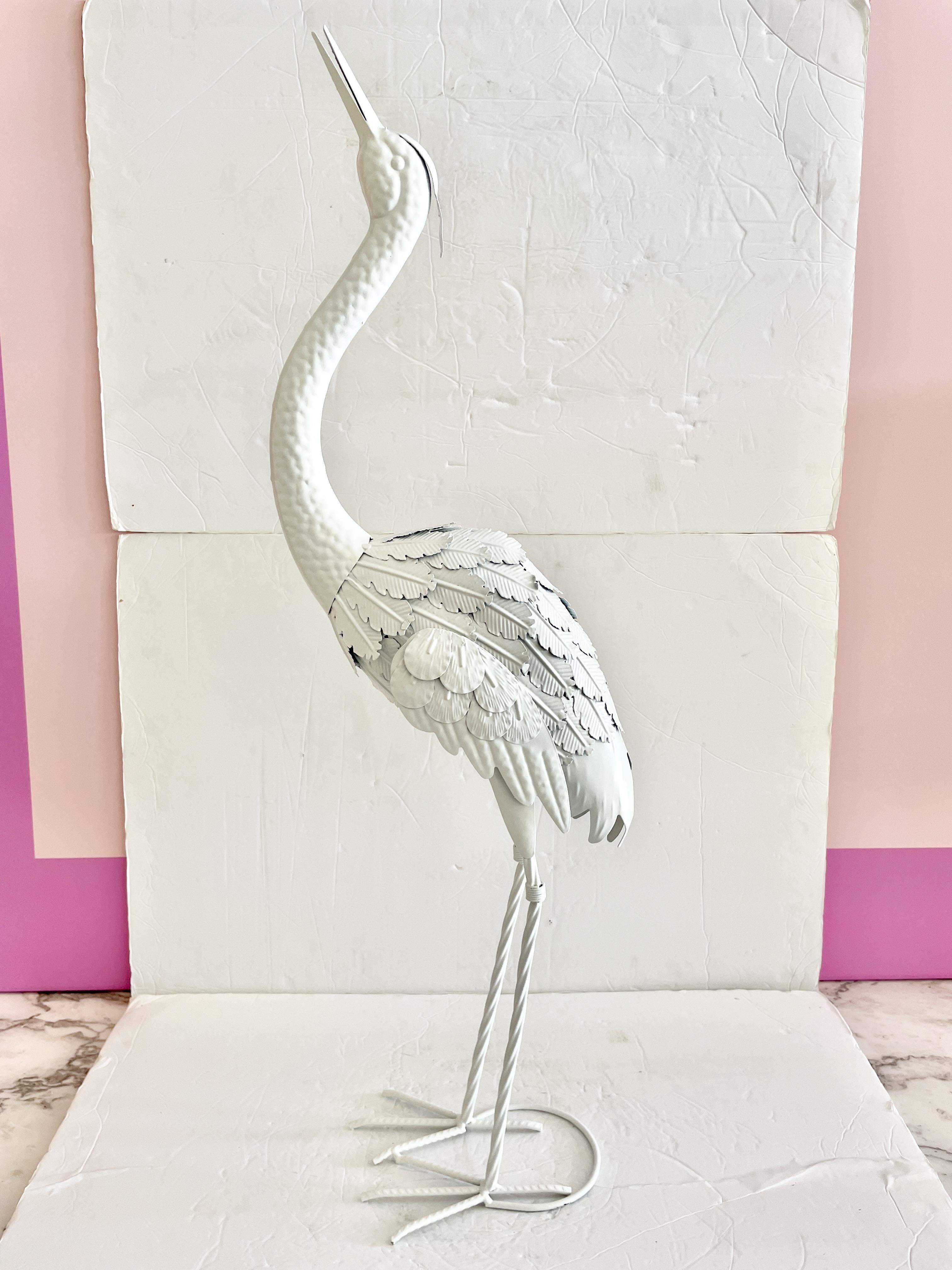 Small White Lacquered Metal Statue of a Stork Looking Up and Front In Good Condition For Sale In Los Angeles, CA