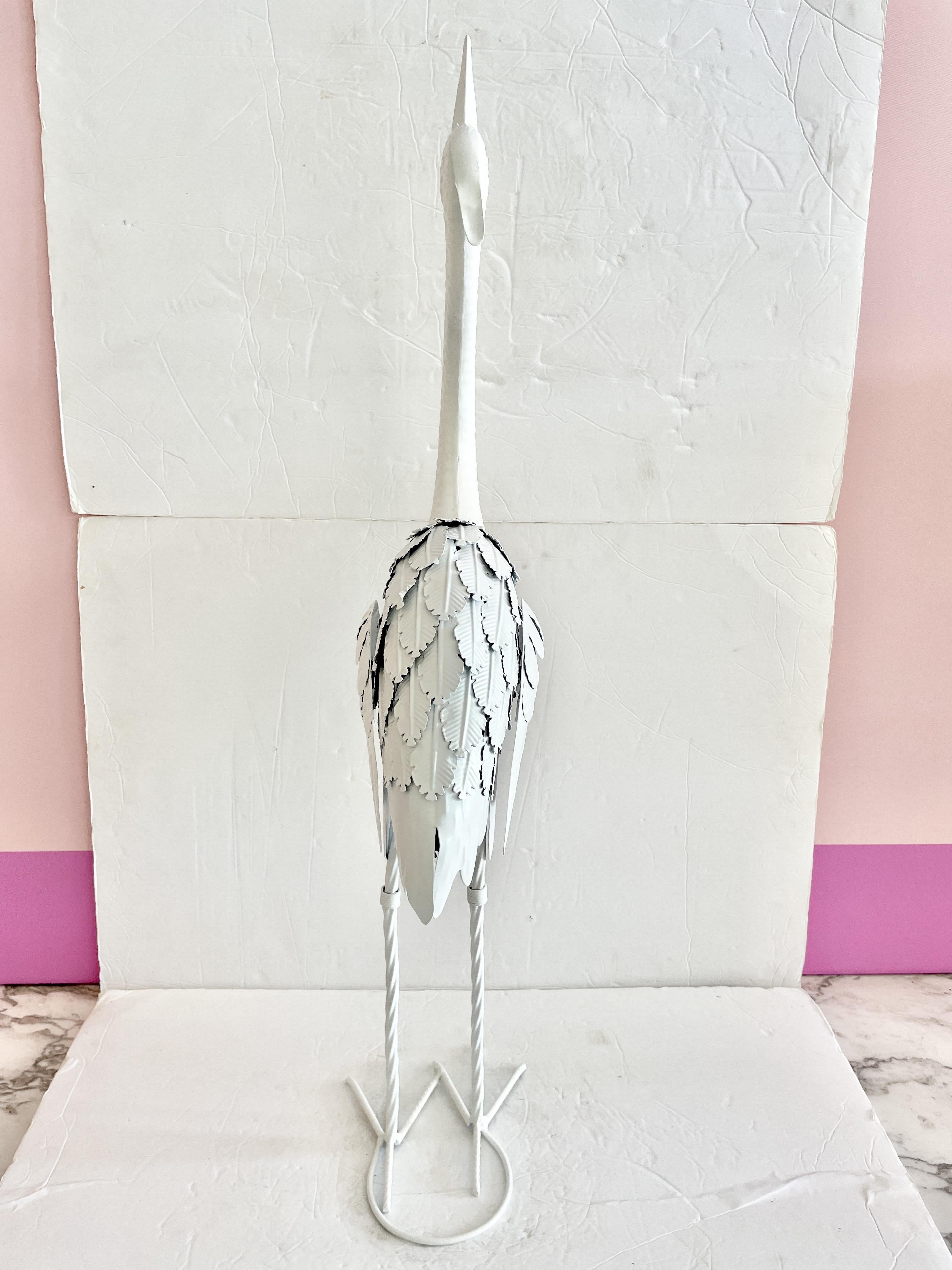 Contemporary Small White Lacquered Metal Statue of a Stork Looking Up and Front For Sale