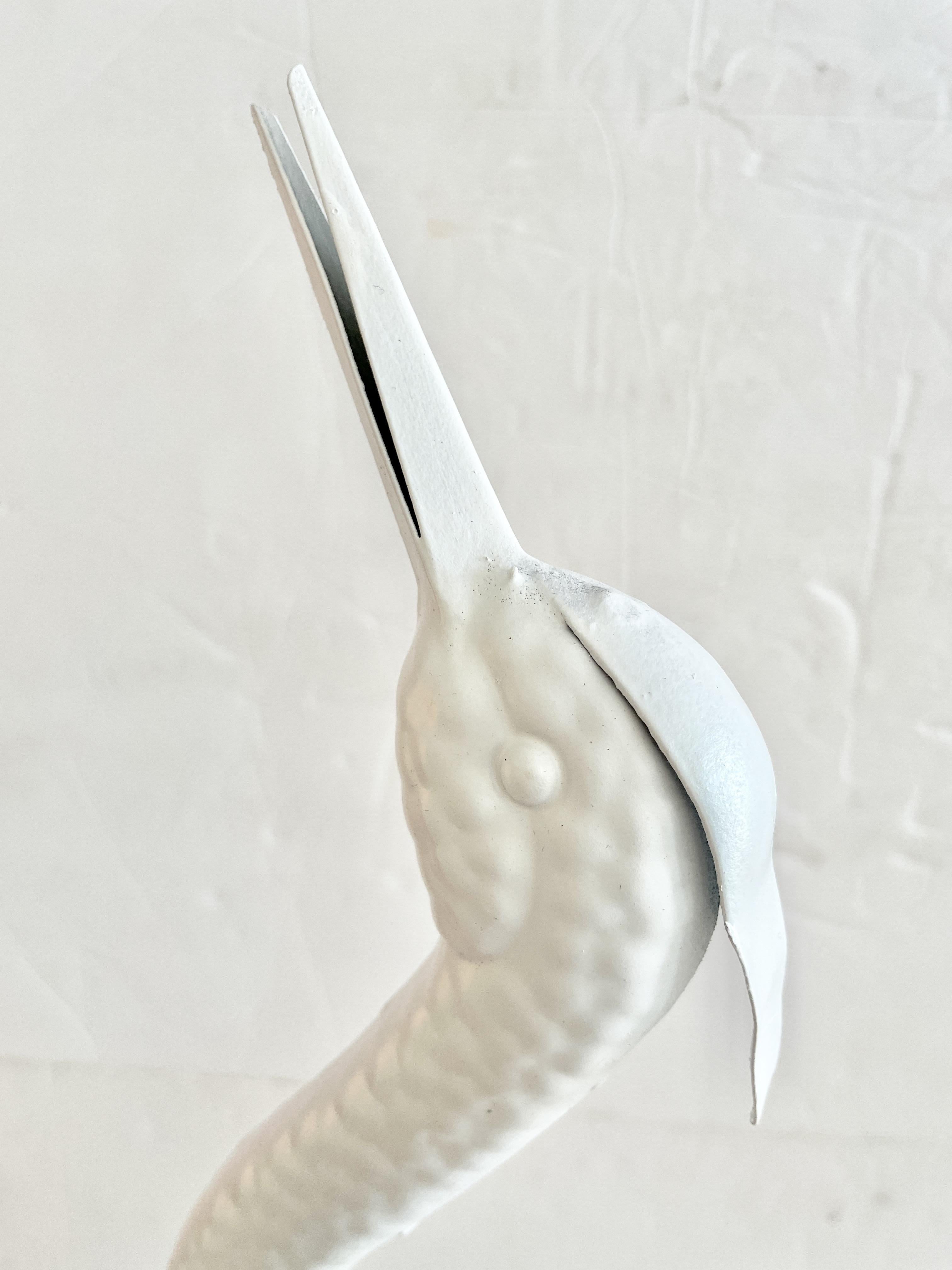 Small White Lacquered Metal Statue of a Stork Looking Up and Front For Sale 2