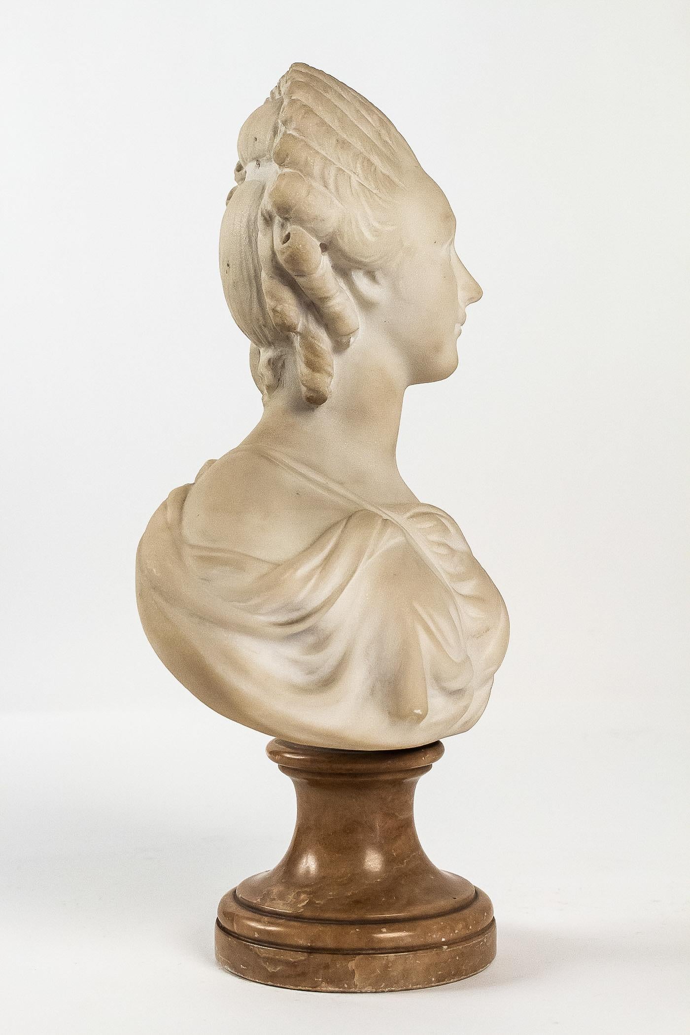 Carved Small White Marble Bust of Countess du Barry, after Augustin Pajou