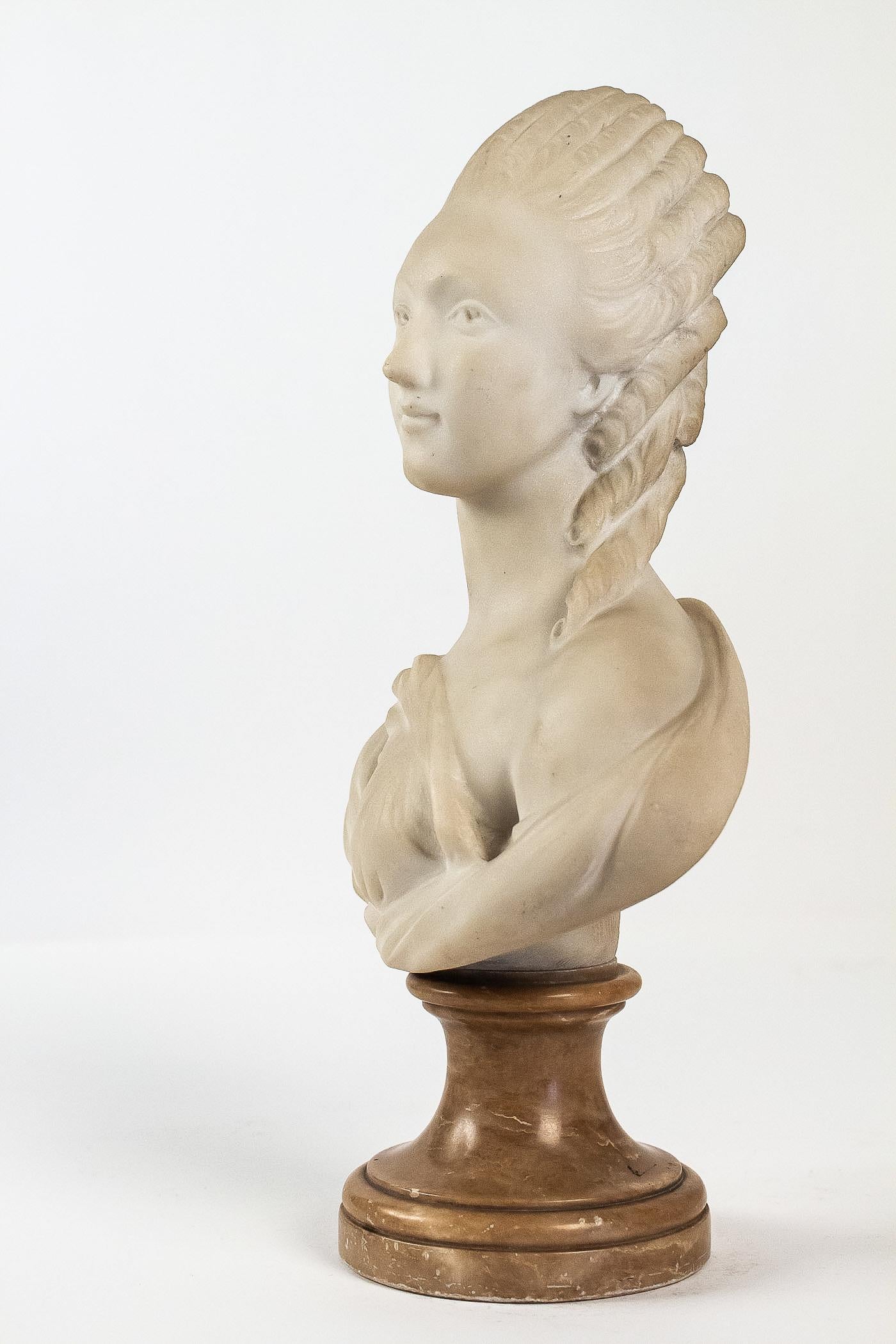 19th Century Small White Marble Bust of Countess du Barry, after Augustin Pajou