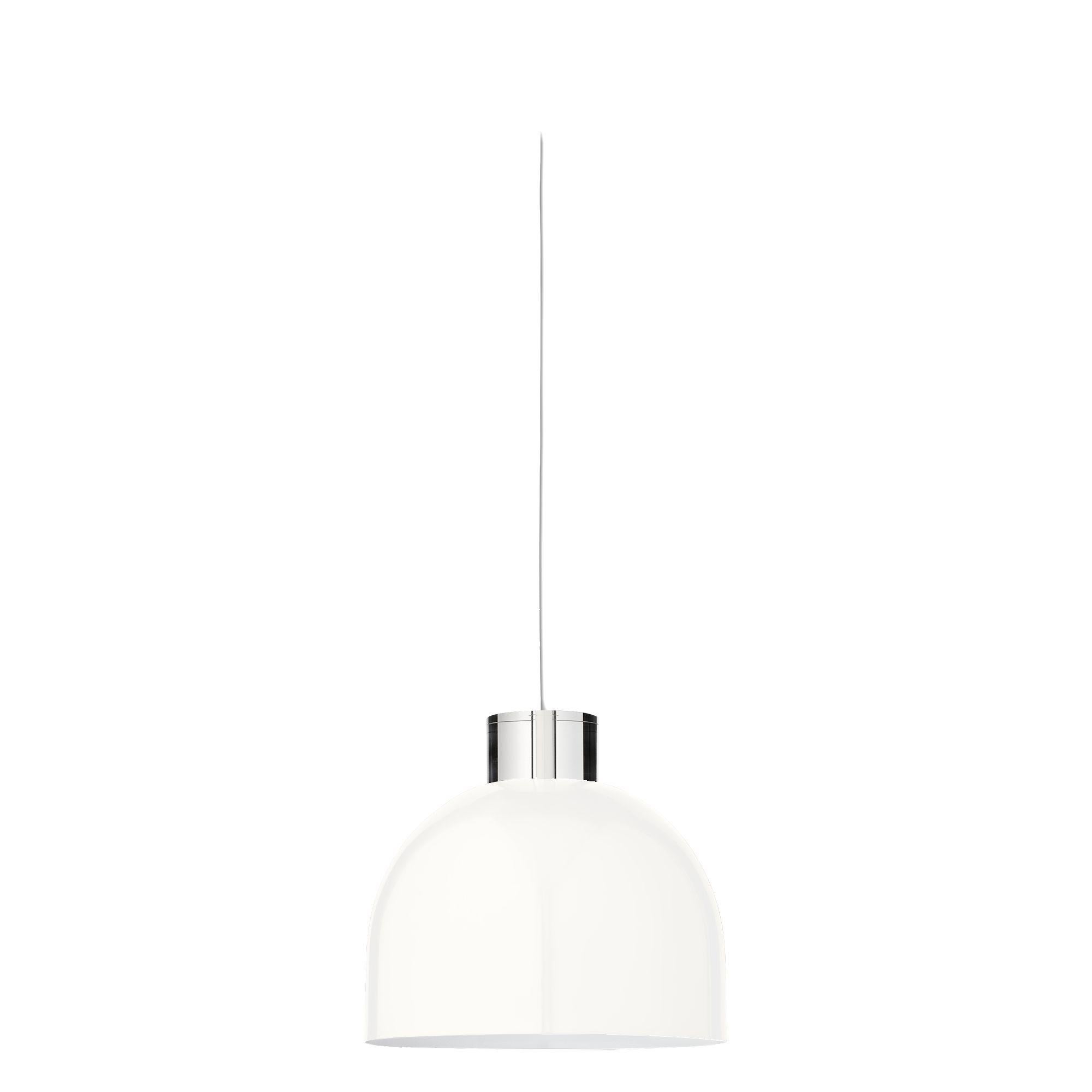 Small white round pendant lamp
Dimensions: Diameter 28 x height 25.5 cm 
Materials: Glass, iron w. brass plating & powder coating.
Details: For all lamps, the recommended light source is E27 max 25W&220/240 voltage. We recommend LED in order to