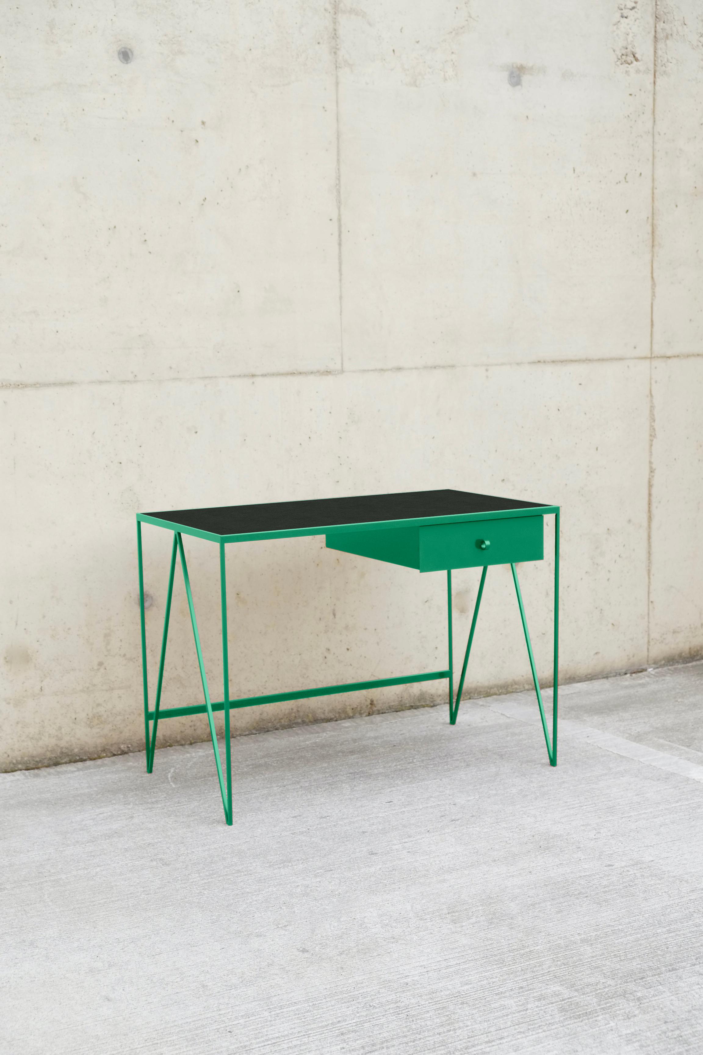 Small White Study Desk with Natural Linoleum Table Top & Drawer, Customizable For Sale 5