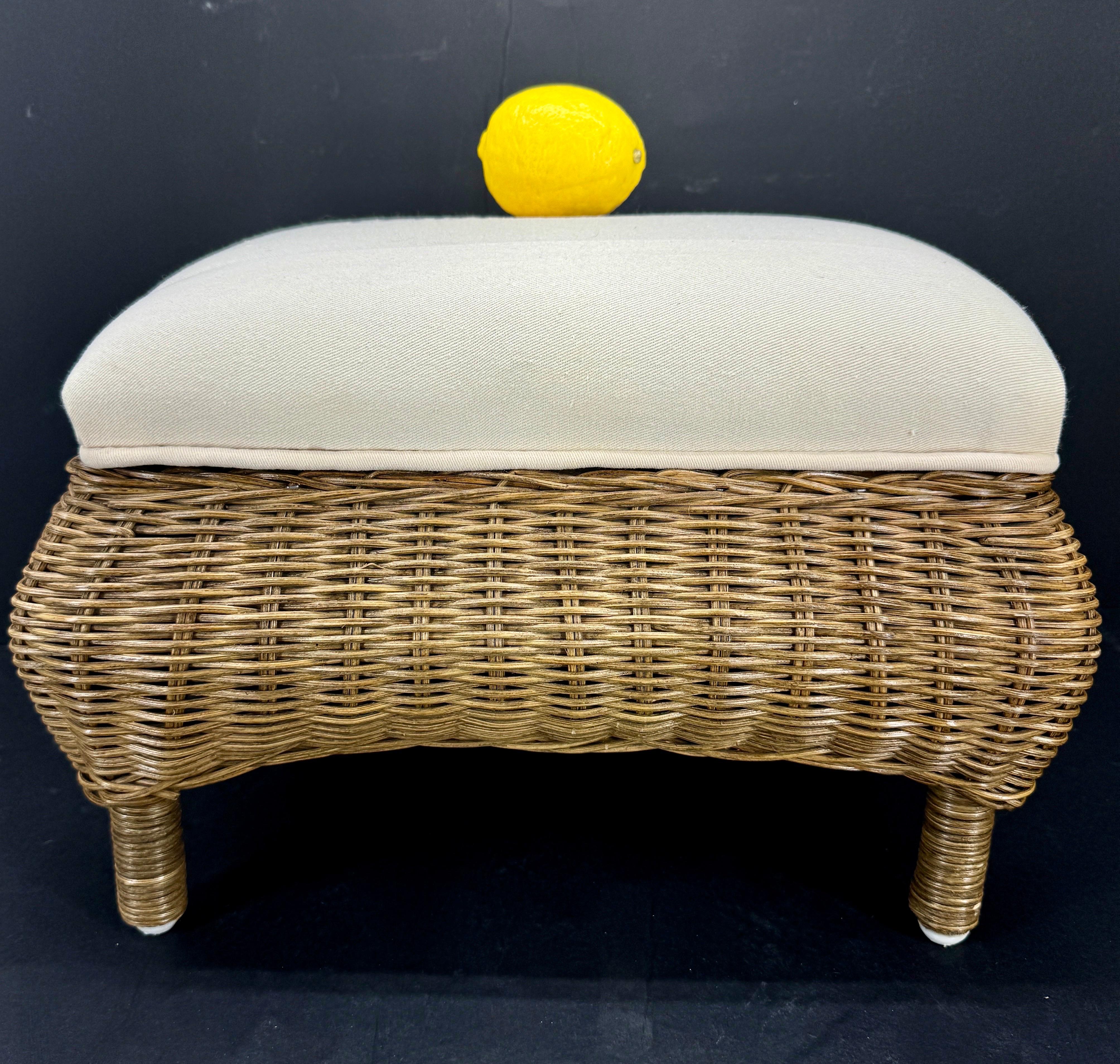 Modern Small Wicker Stool or Bench with Louis Vuitton Fabric For Sale