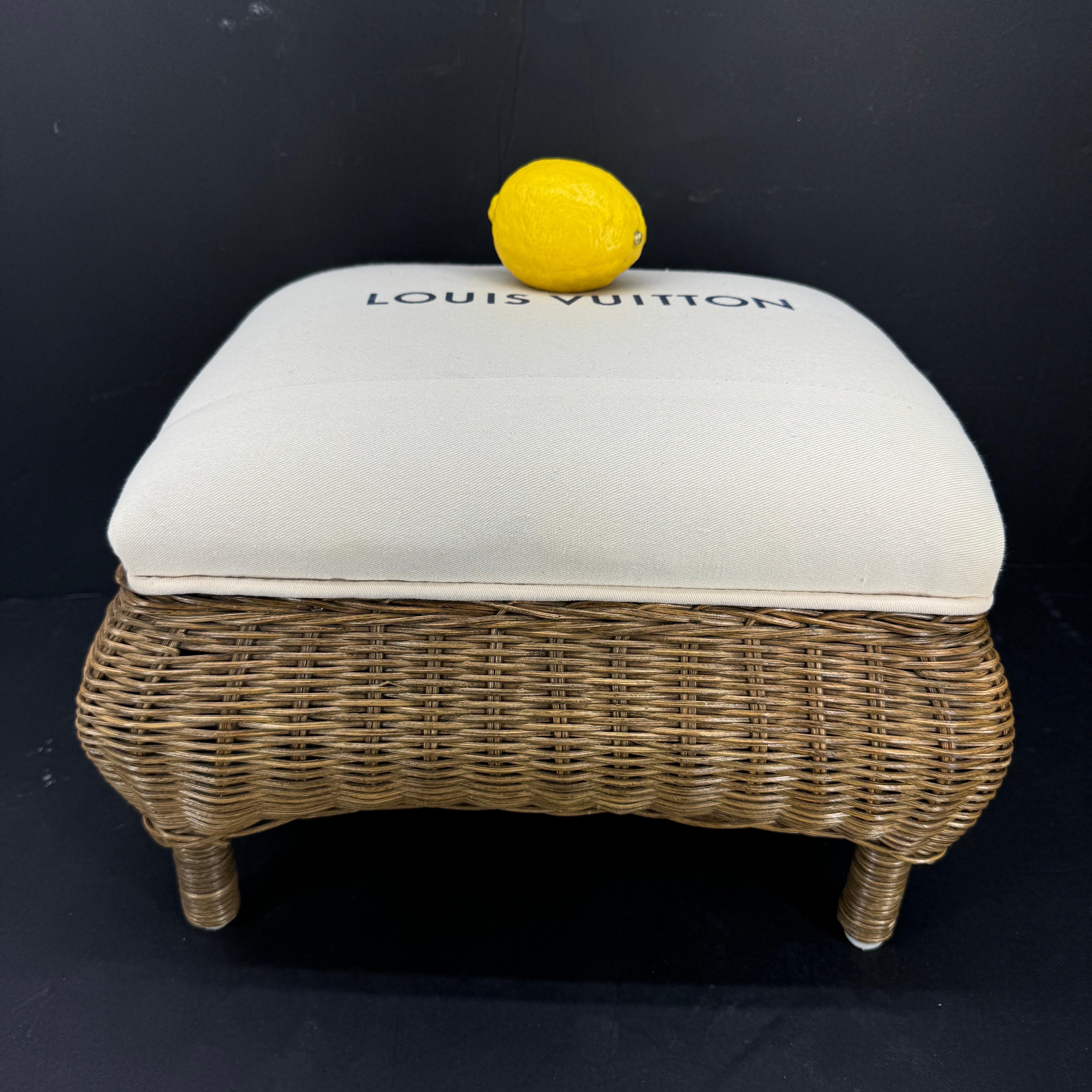 French Small Wicker Stool or Bench with Louis Vuitton Fabric For Sale