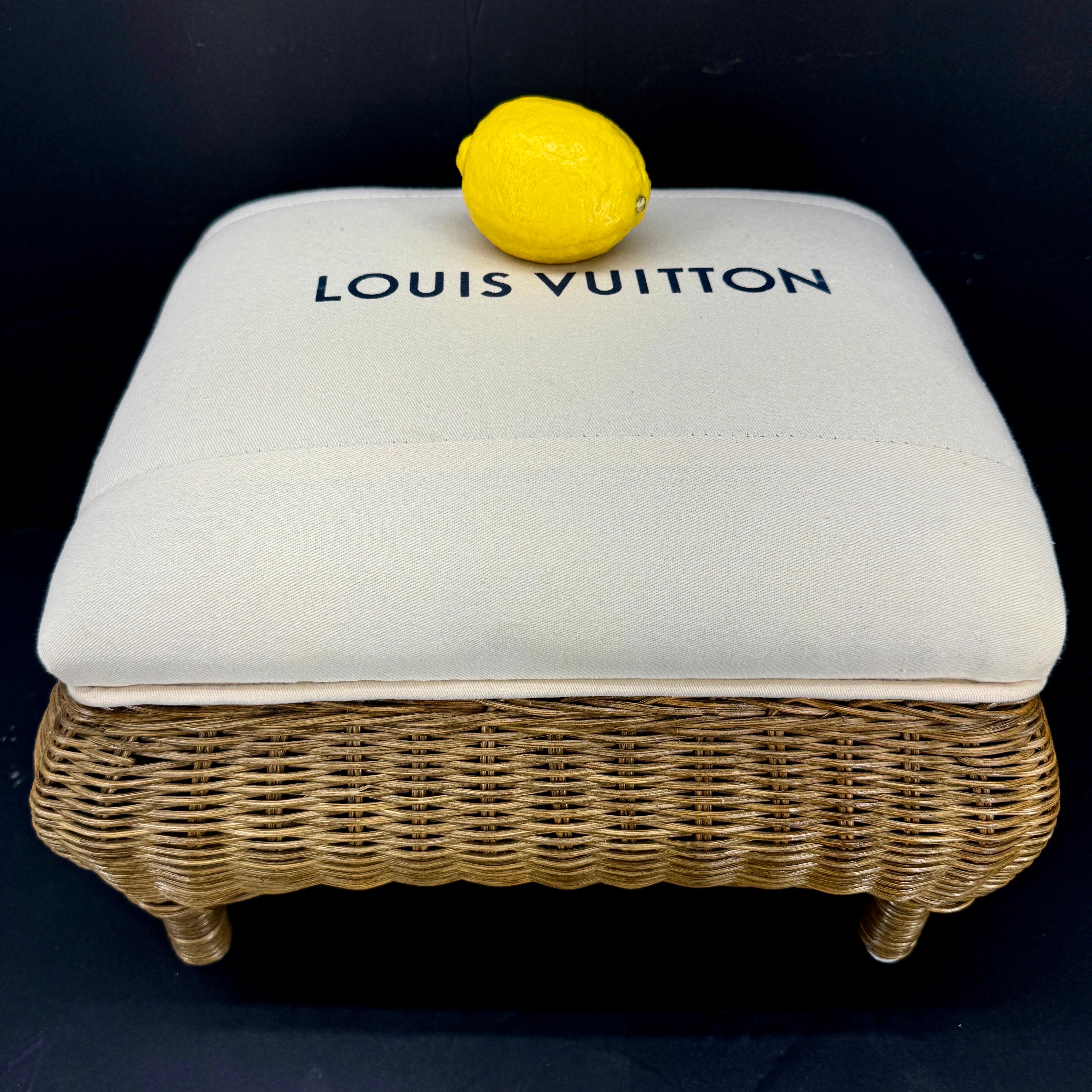 Hand-Crafted Small Wicker Stool or Bench with Louis Vuitton Fabric For Sale