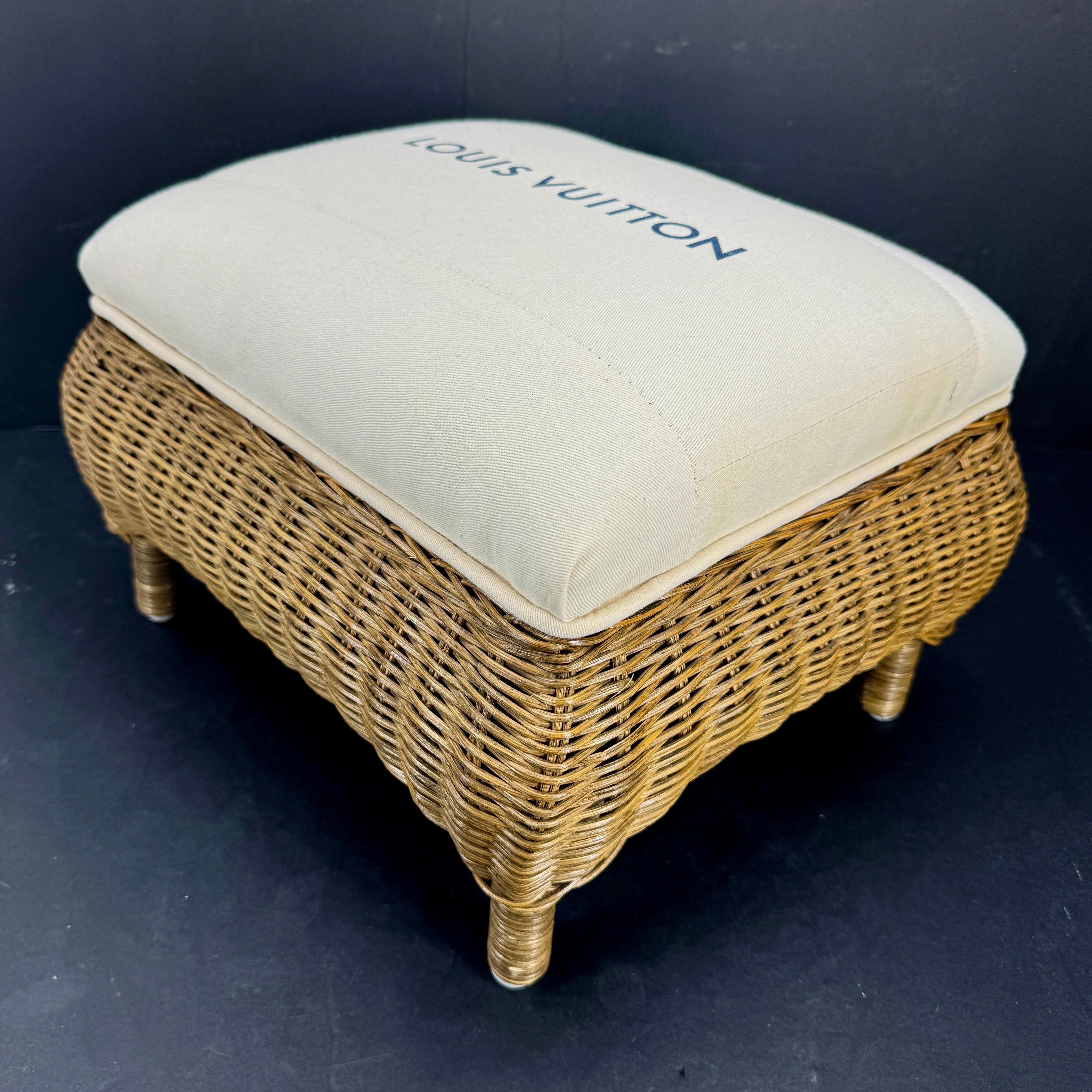 Small Wicker Stool or Bench with Louis Vuitton Fabric In Good Condition For Sale In Haddonfield, NJ