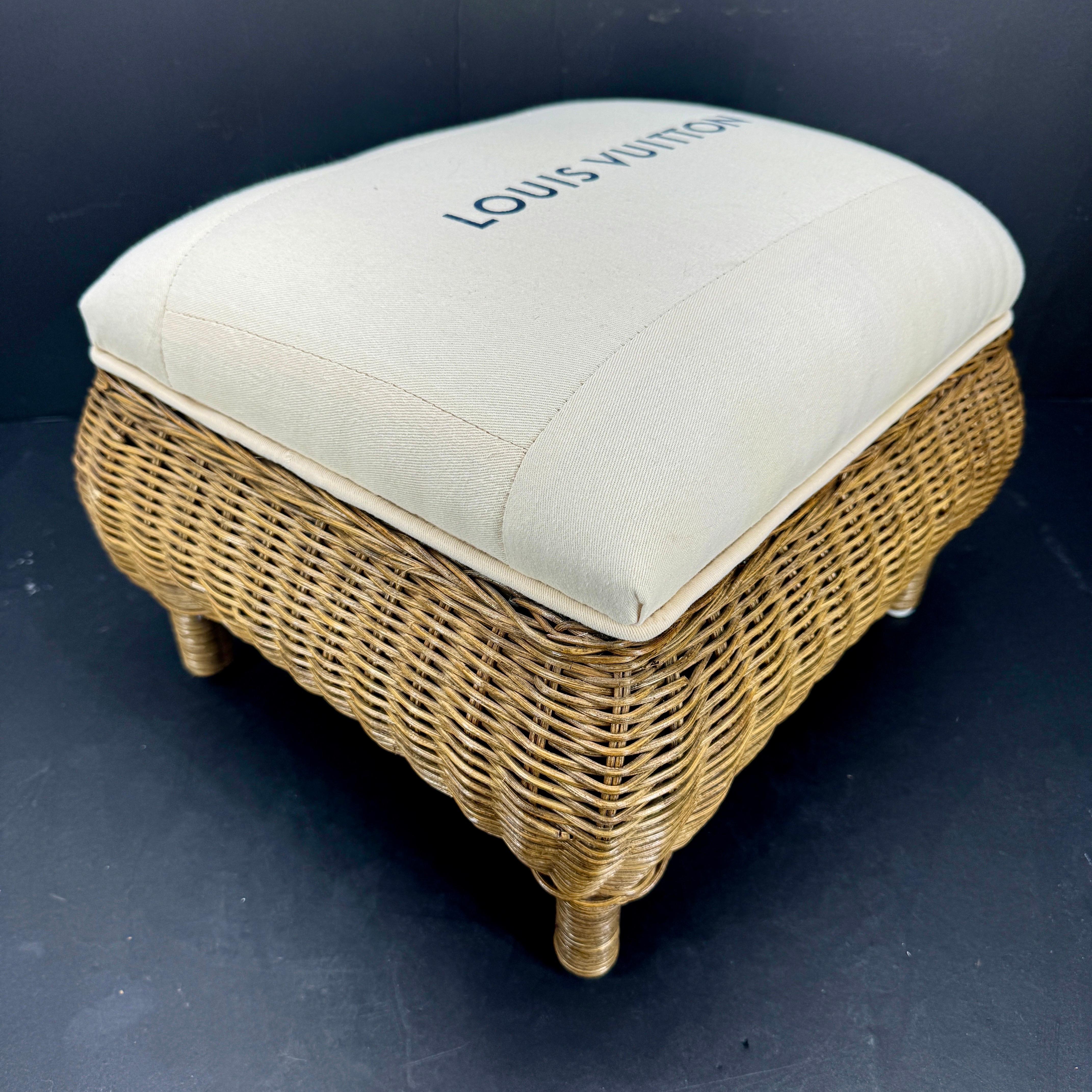Late 20th Century Small Wicker Stool or Bench with Louis Vuitton Fabric For Sale