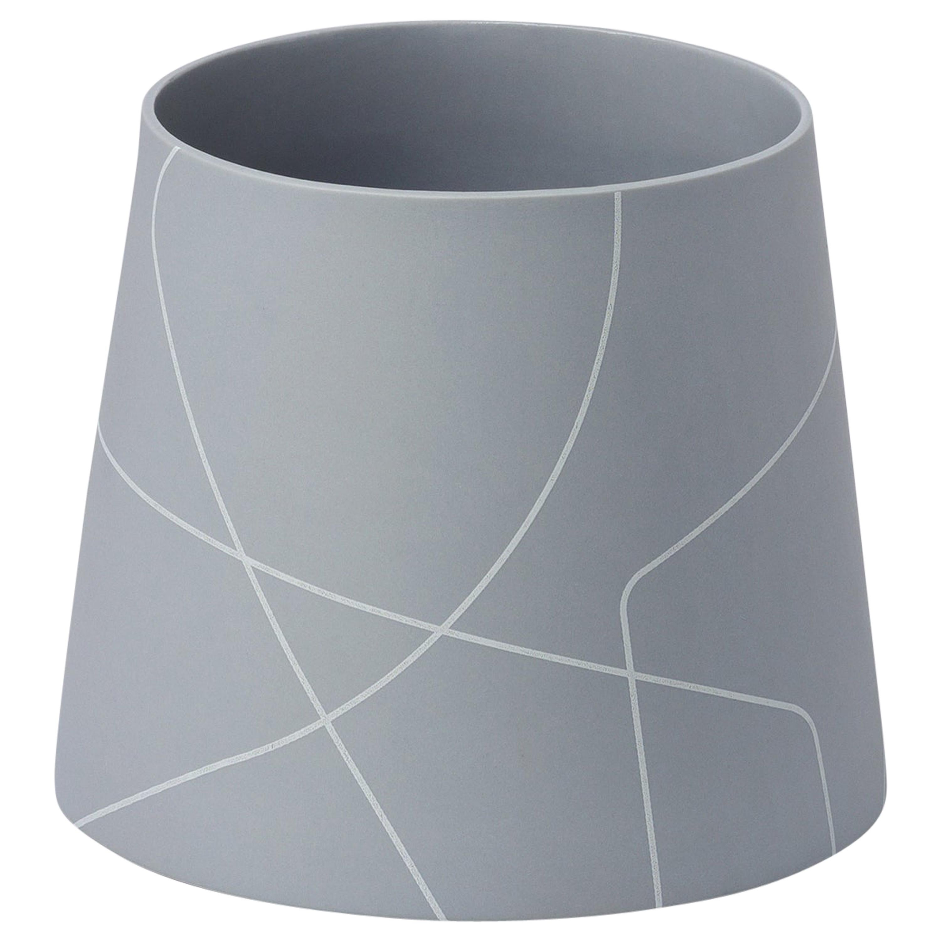 Small Matte Medium Grey Conical Ceramic Vase with Graphic Line Pattern For Sale