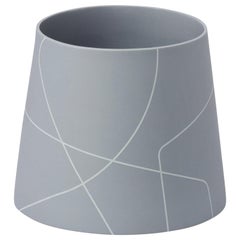Small Matte Medium Grey Conical Ceramic Vase with Graphic Line Pattern