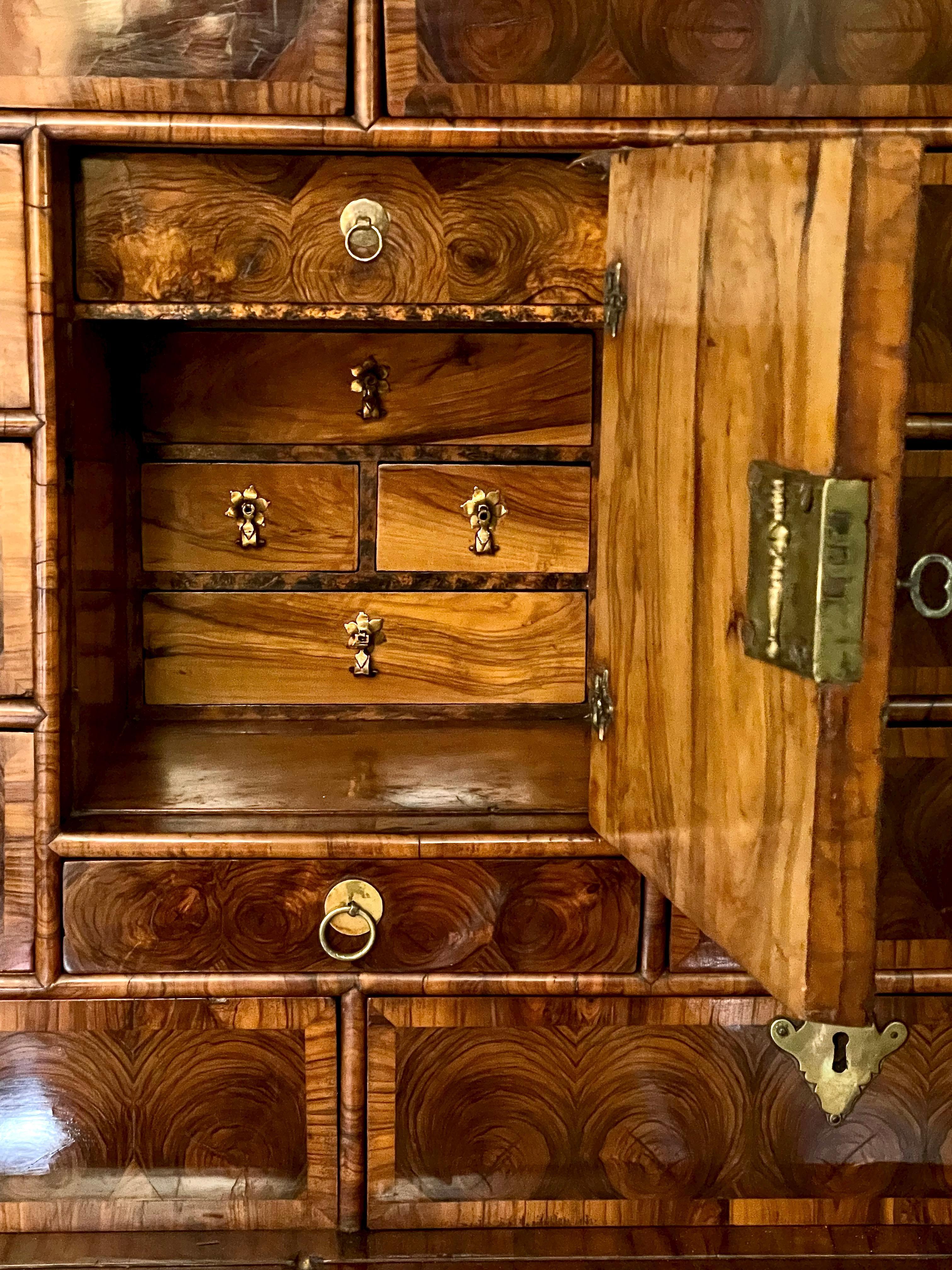 18th Century and Earlier Small William and Mary Oyster Olive Cabinet on Stand