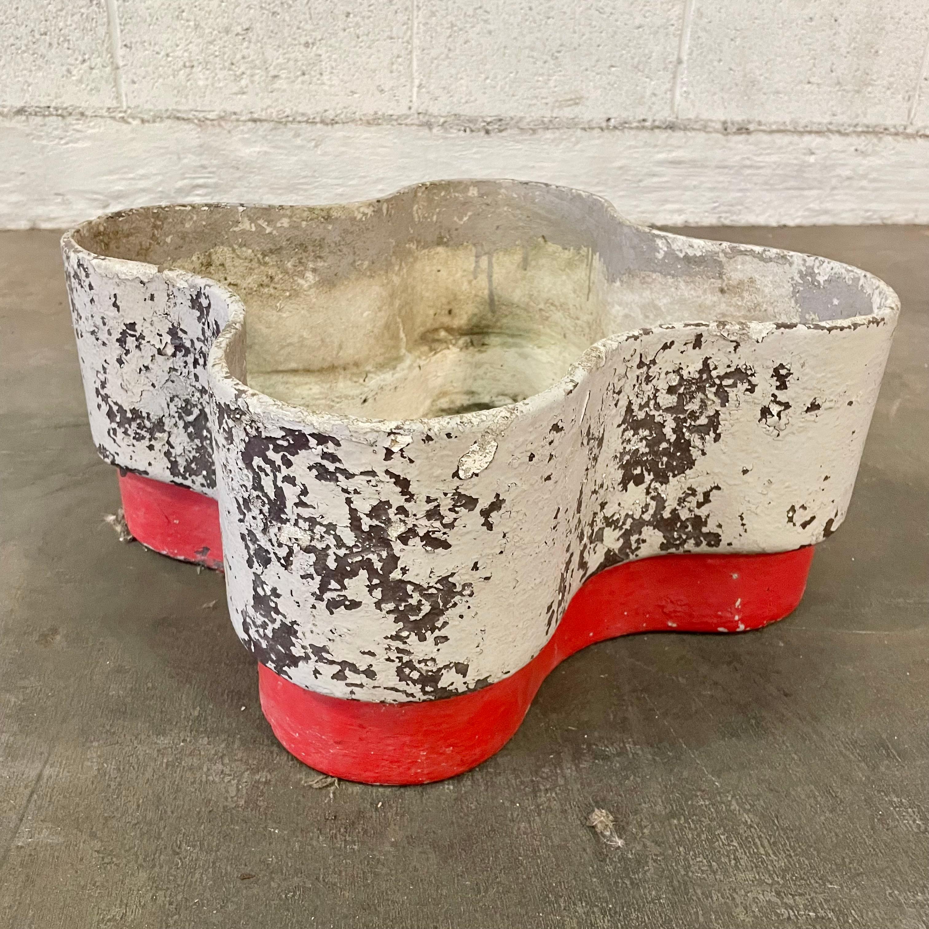 Fantastic cement amoeba bowl by Swiss architect Willy Guhl for Eternit. Bright red base and grey top. Very unusual design with beautiful patina. Good vintage condition. Wear as shown.