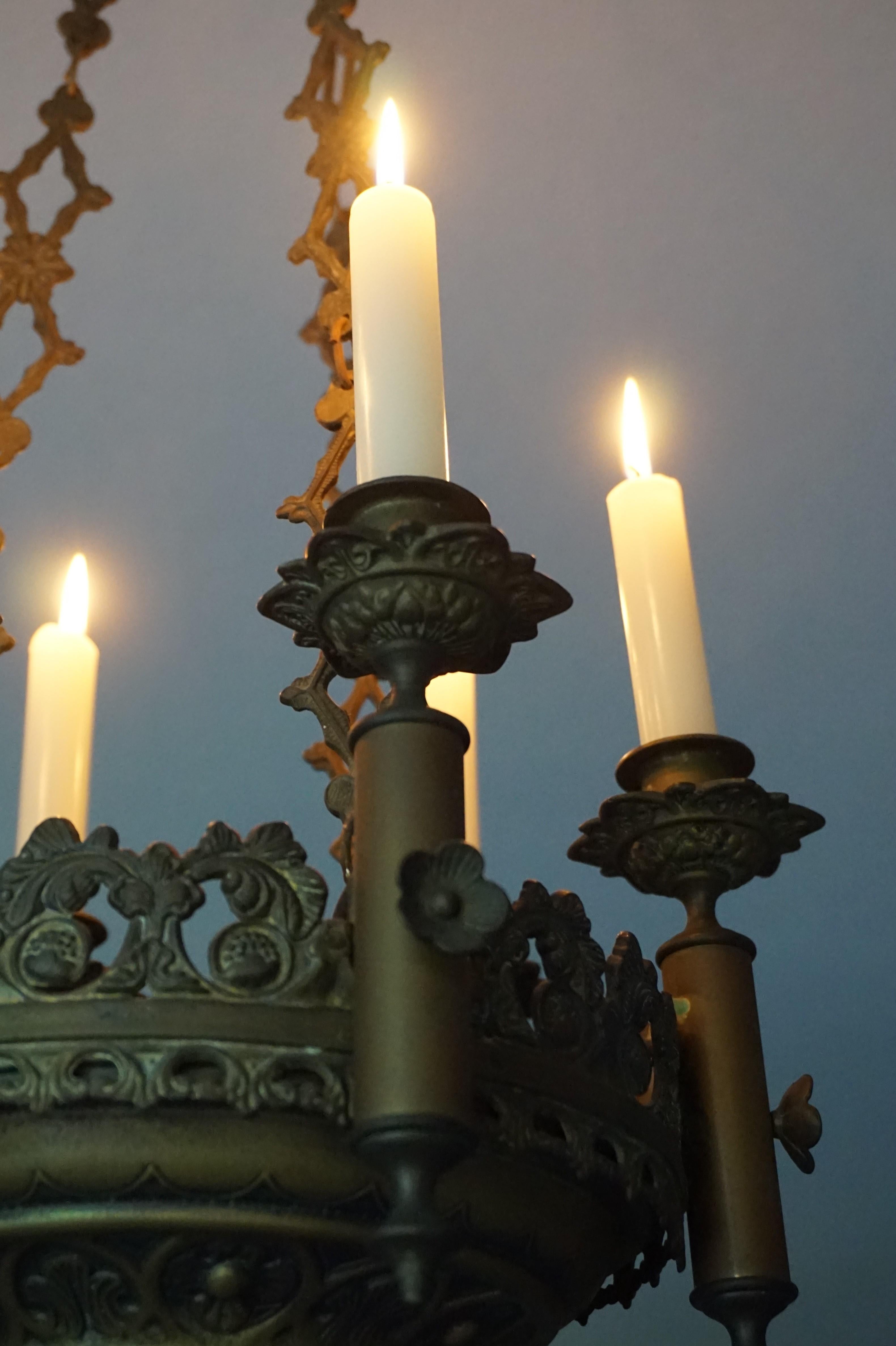 Small & Wonderful Bronze & Brass Gothic Revival Church Pendant Six Candleholder 10