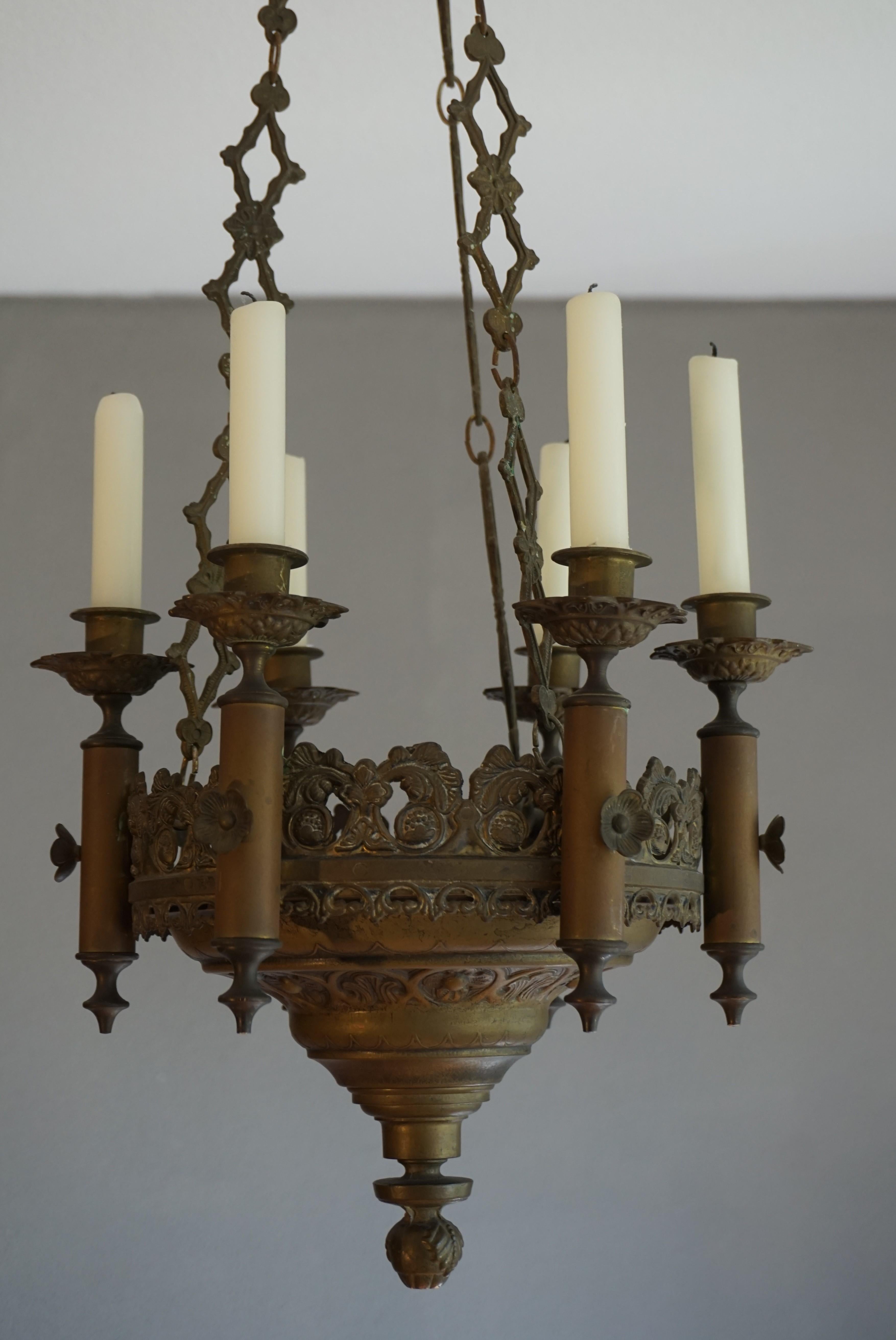 Small & Wonderful Bronze & Brass Gothic Revival Church Pendant Six Candleholder 11