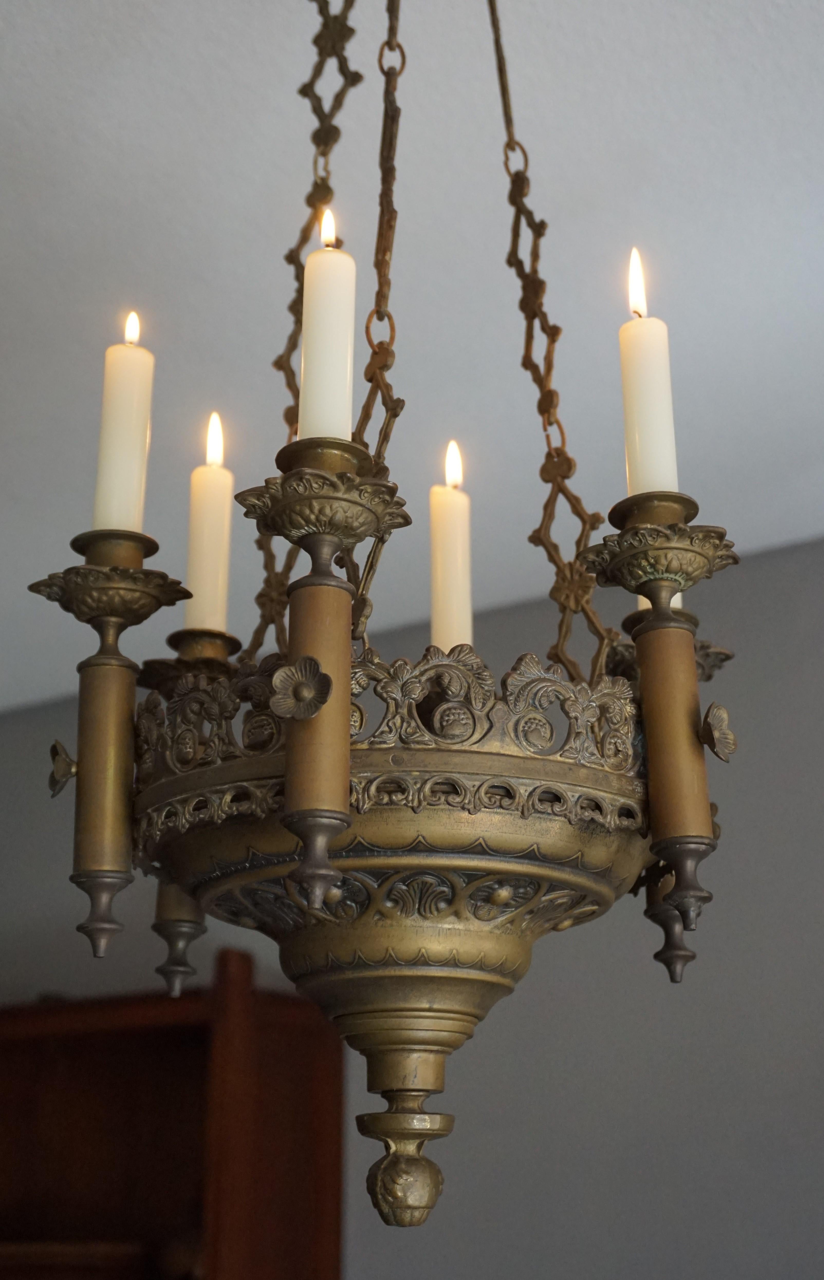 European Small & Wonderful Bronze & Brass Gothic Revival Church Pendant Six Candleholder
