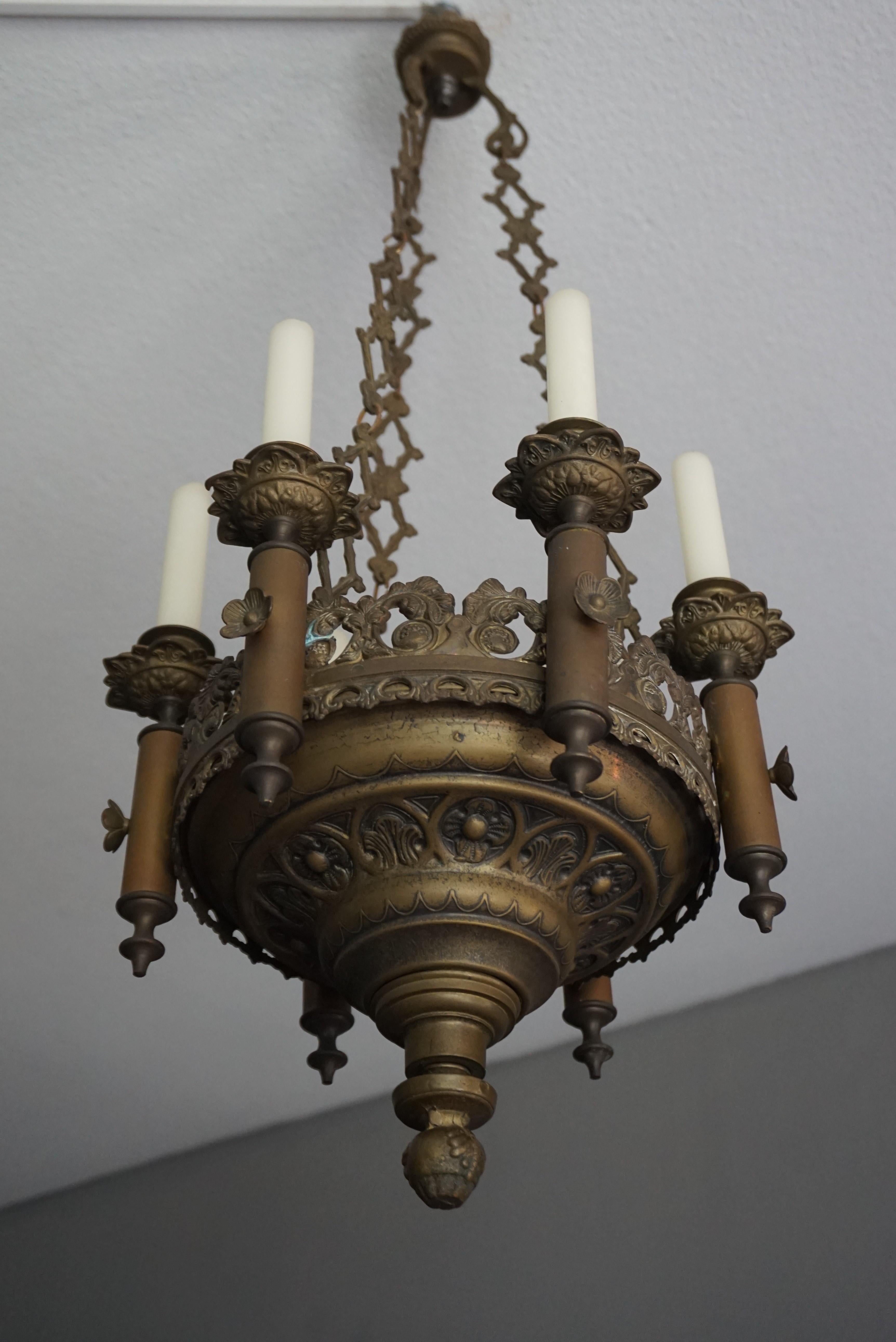 Hand-Crafted Small & Wonderful Bronze & Brass Gothic Revival Church Pendant Six Candleholder