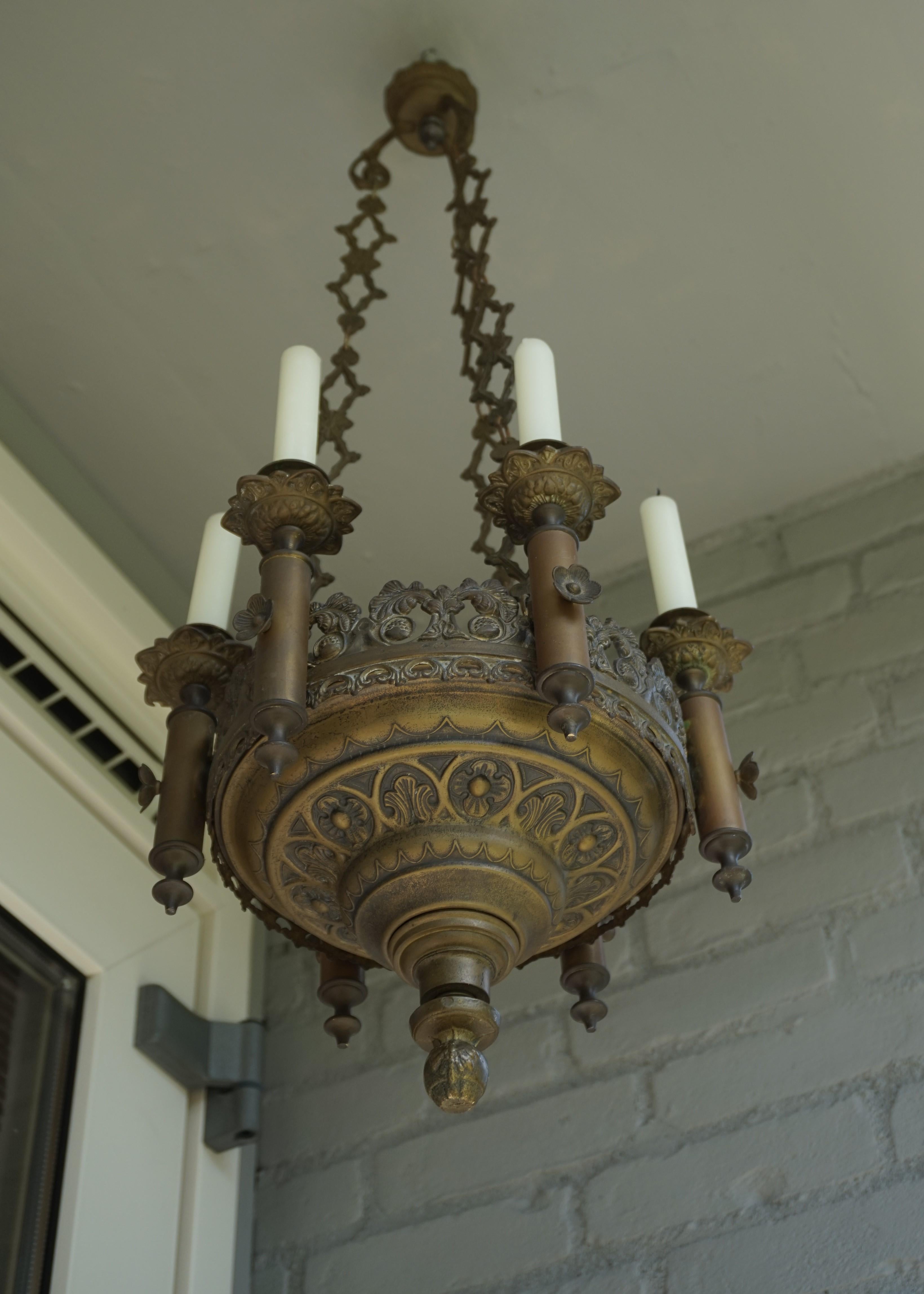 Small & Wonderful Bronze & Brass Gothic Revival Church Pendant Six Candleholder In Good Condition In Lisse, NL