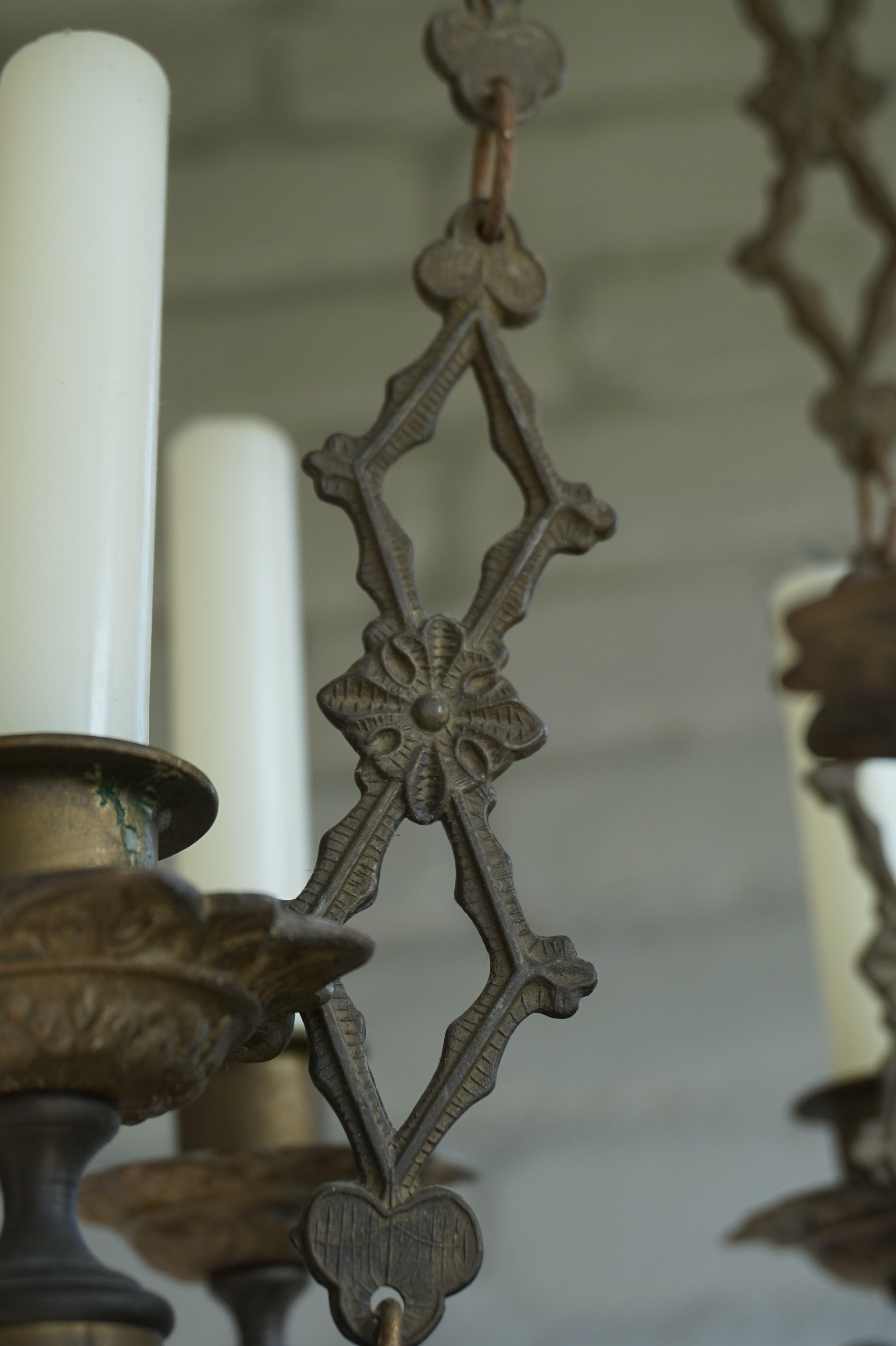 20th Century Small & Wonderful Bronze & Brass Gothic Revival Church Pendant Six Candleholder