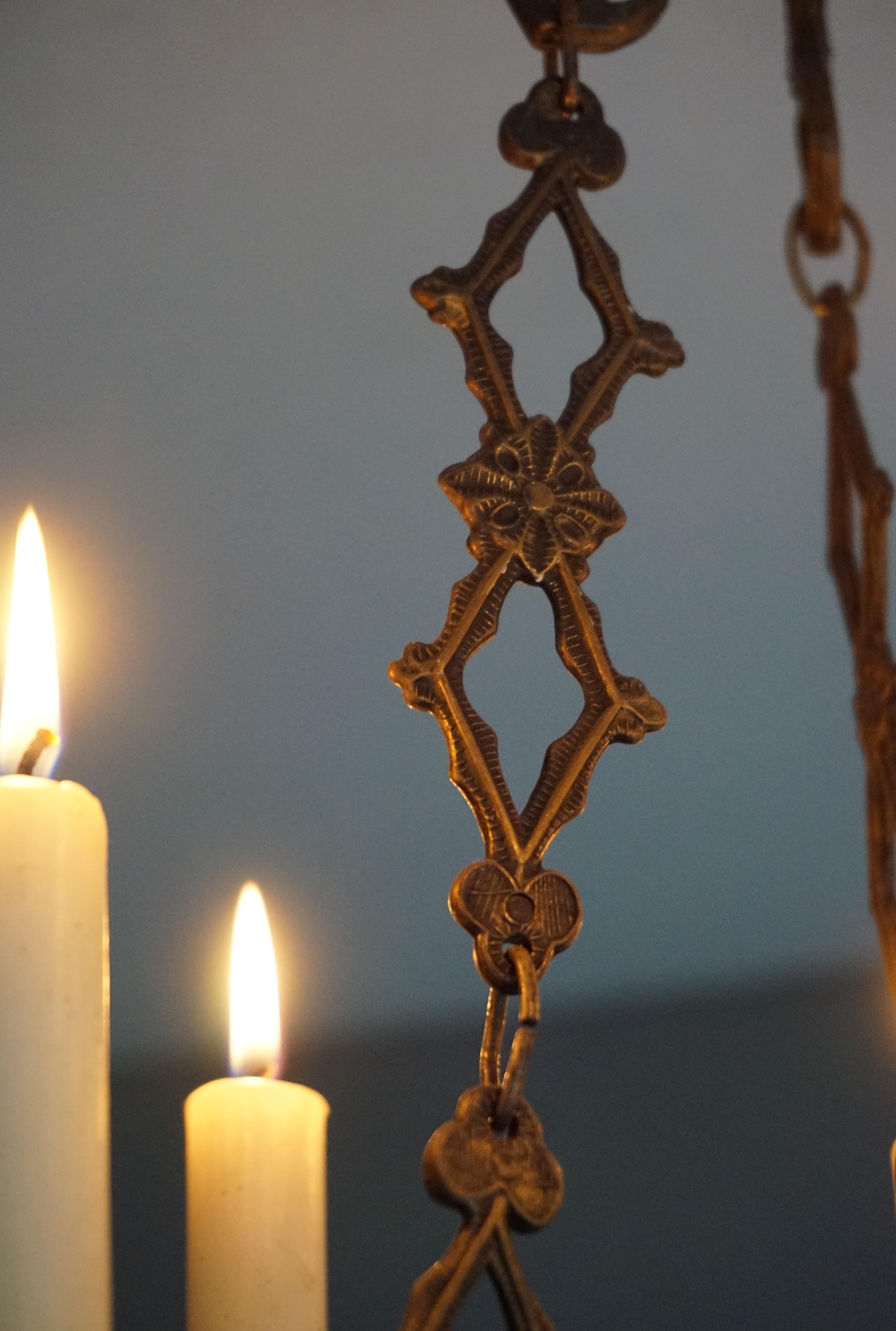 Small & Wonderful Bronze & Brass Gothic Revival Church Pendant Six Candle Light For Sale 4
