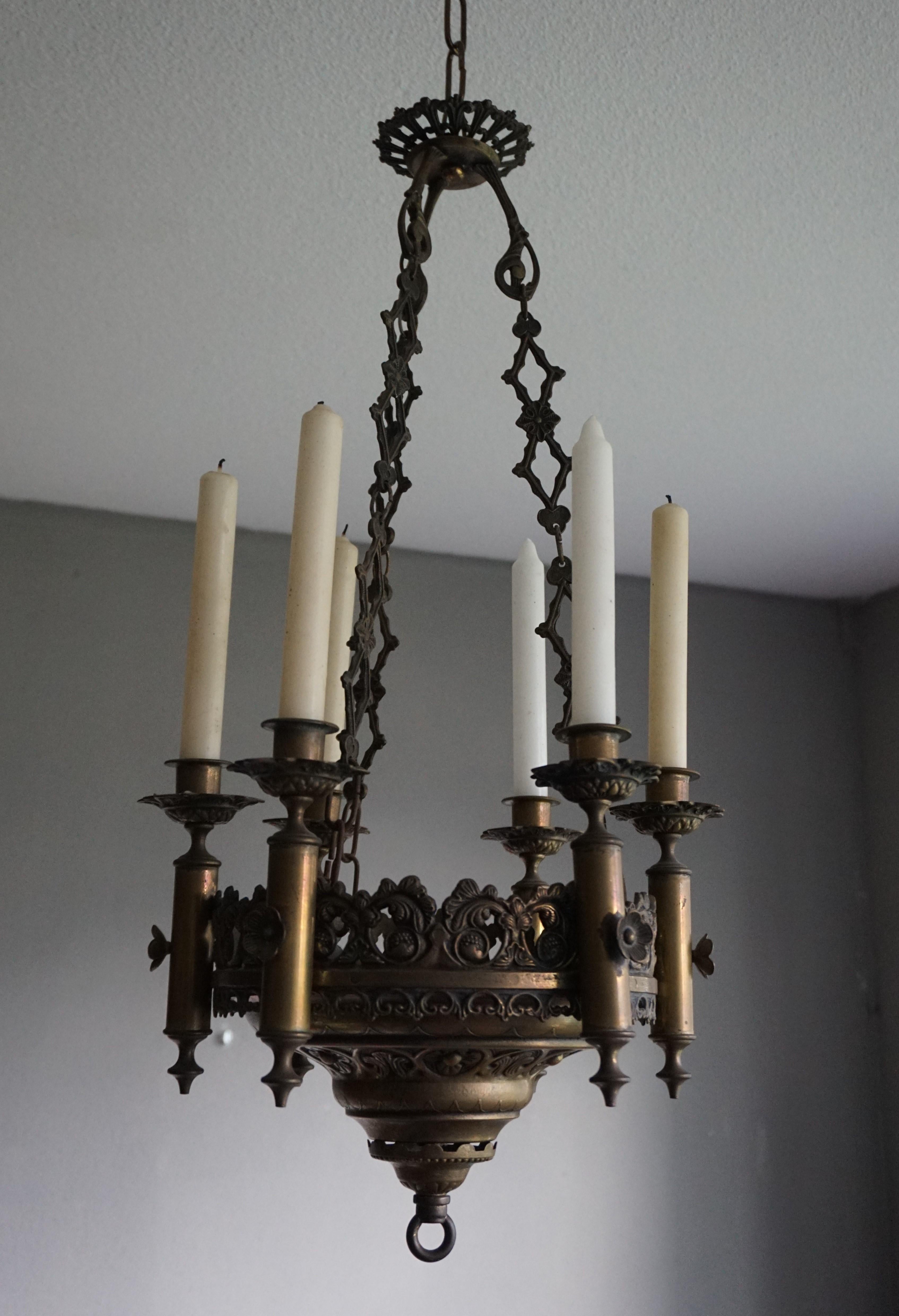 Small & Wonderful Bronze & Brass Gothic Revival Church Pendant Six Candle Light For Sale 10